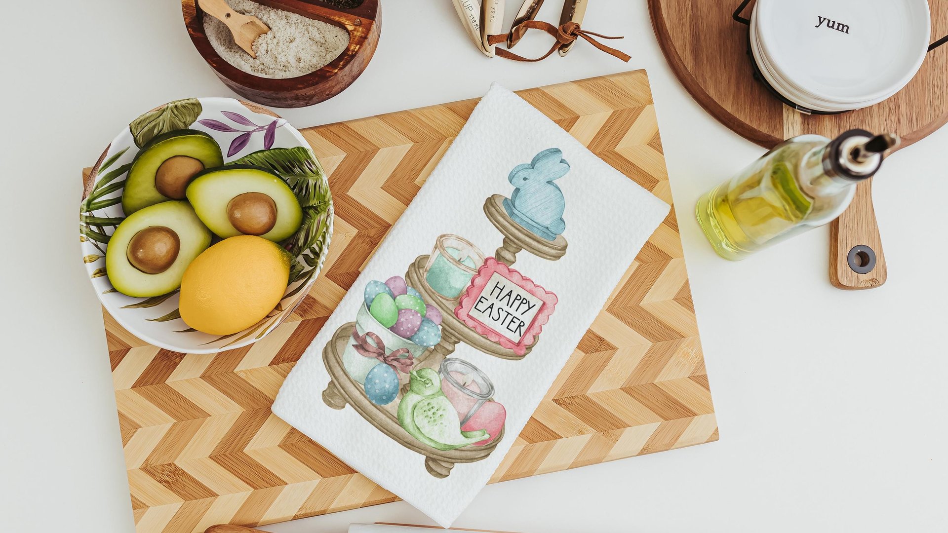 Happy Easter kitchen towels for gifts, Easter hostess gifts for women, pastel Easter kitchen hand towels for church, Easter eggs and bunnies