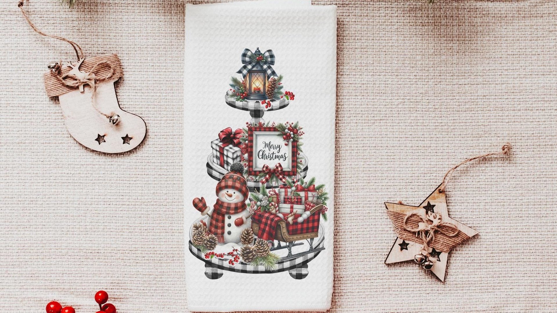 snowman Christmas kitchen towel for women, buffalo plaid Christmas kitchen decor, rustic Christmas gift for her, buffalo check Christmas