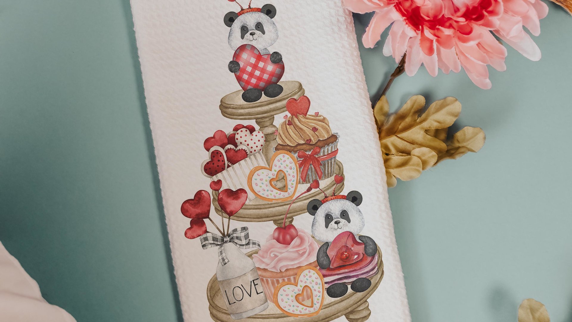 cute panda bear Valentines Day dish towel, home decor gift kitchen towels for Valentines panda hand towels for couples, Galentines Day gifts
