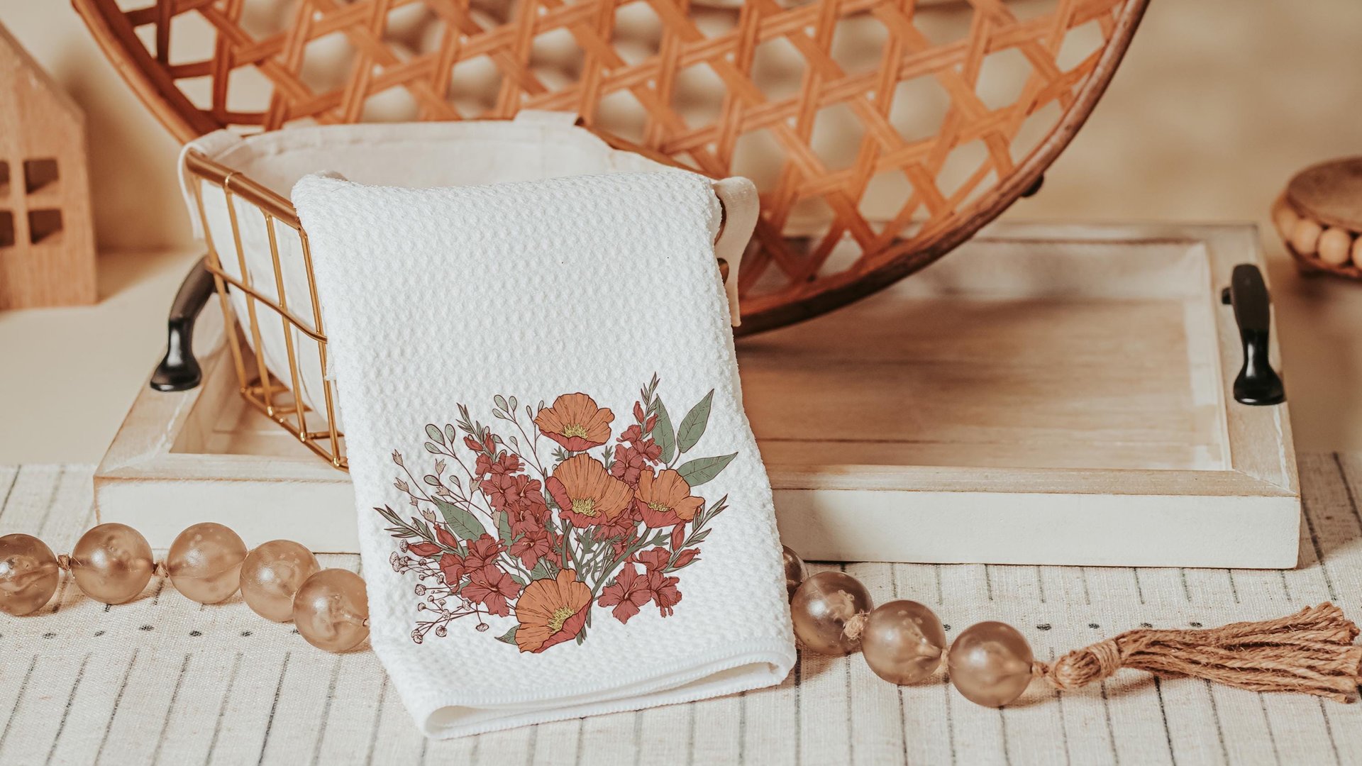 August red poppy & gladiolus flower towel