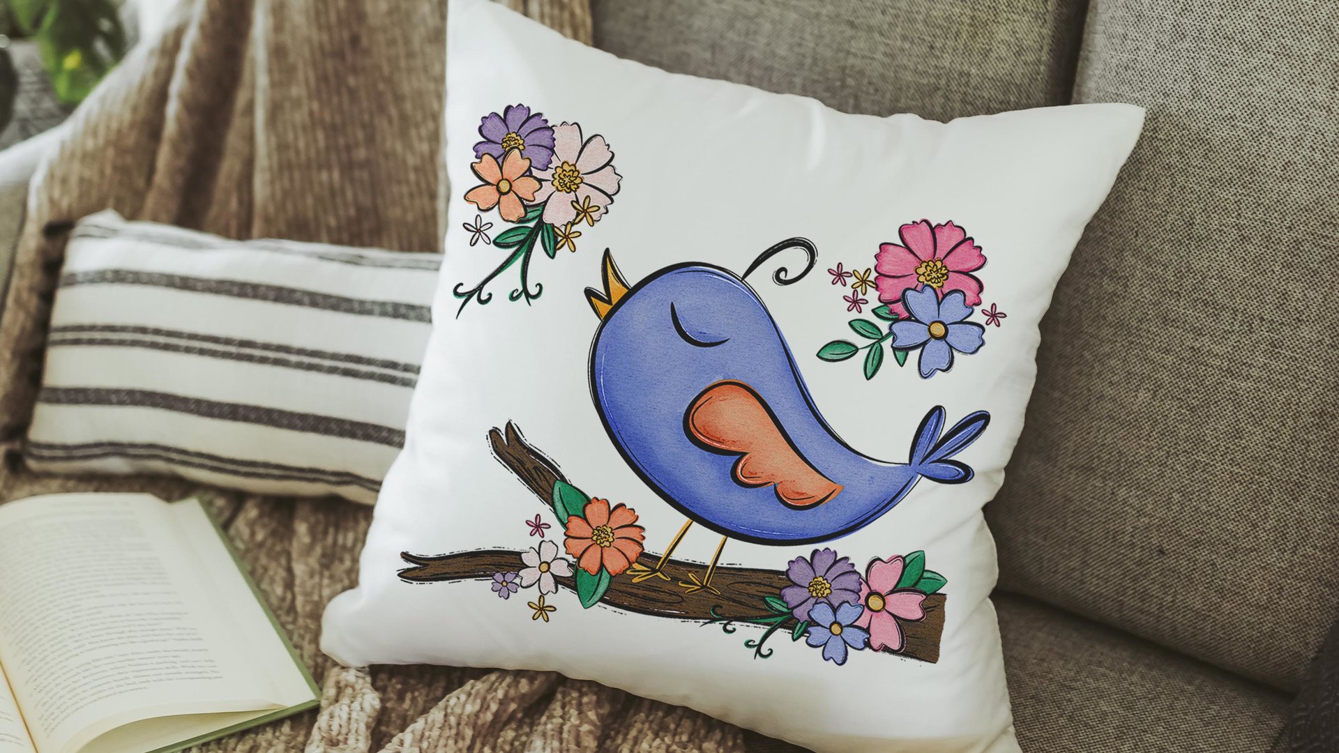 cute birdhouse floral throw pillow covers 18x18, bird lover gifts, Spring decor for home, bluebird kitchen towels for gifts, gardener gift