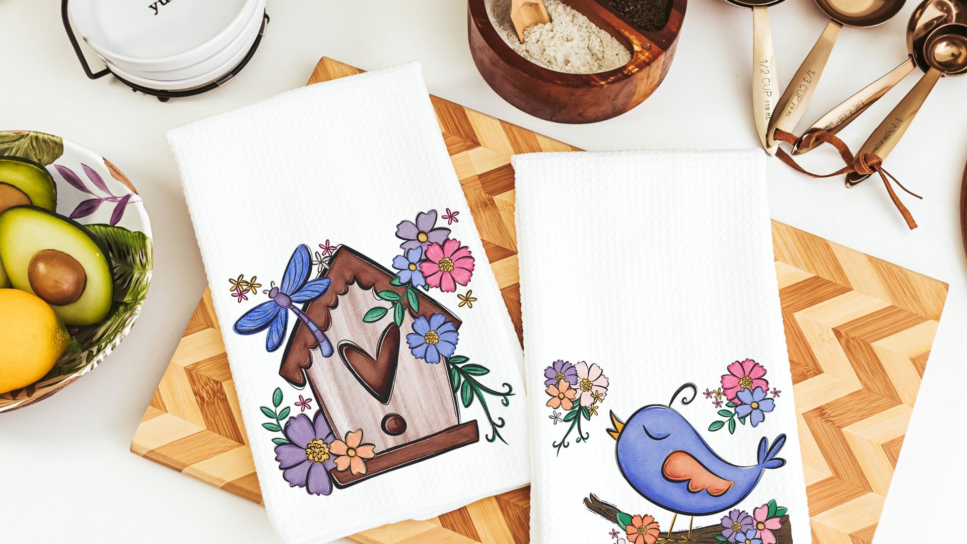 cute birdhouse floral throw pillow covers 18x18, bird lover gifts, Spring decor for home, bluebird kitchen towels for gifts, gardener gift