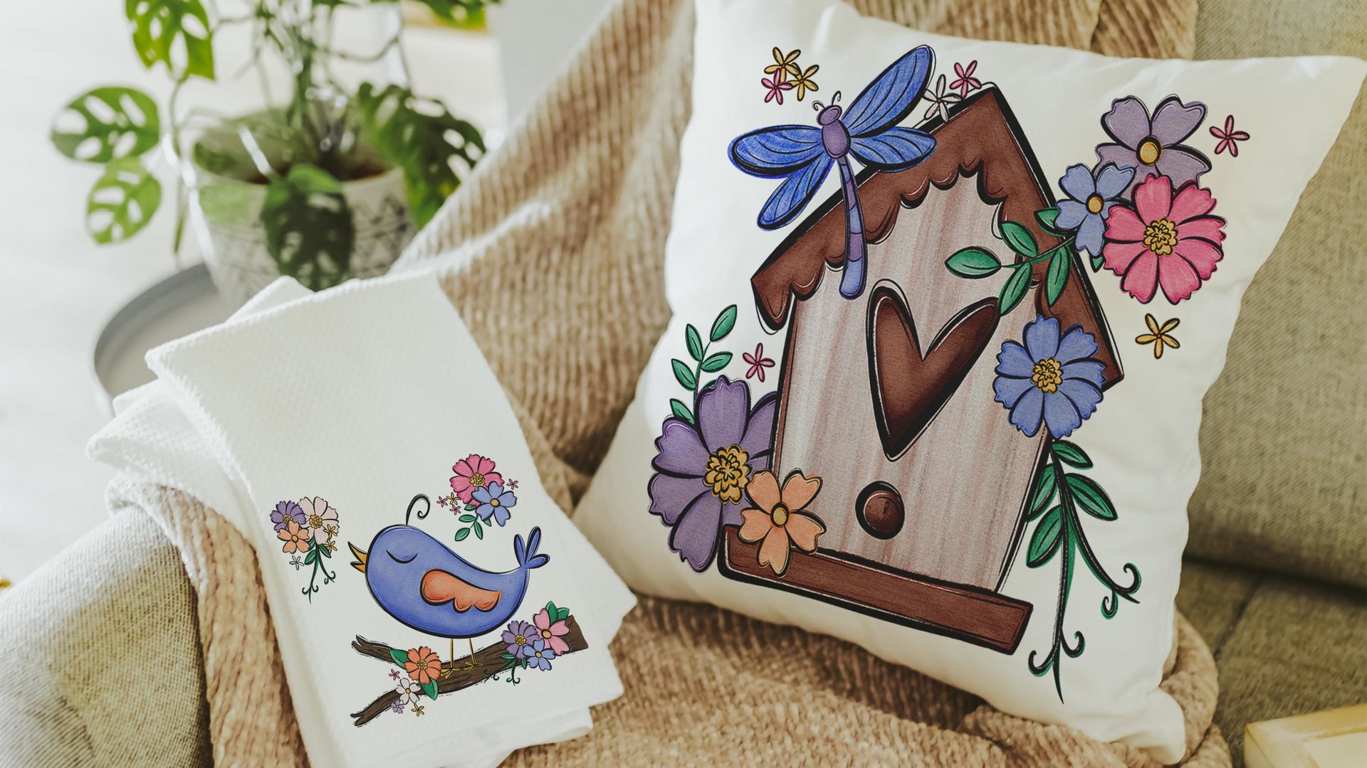 cute birdhouse floral throw pillow covers 18x18, bird lover gifts, Spring decor for home, bluebird kitchen towels for gifts, gardener gift