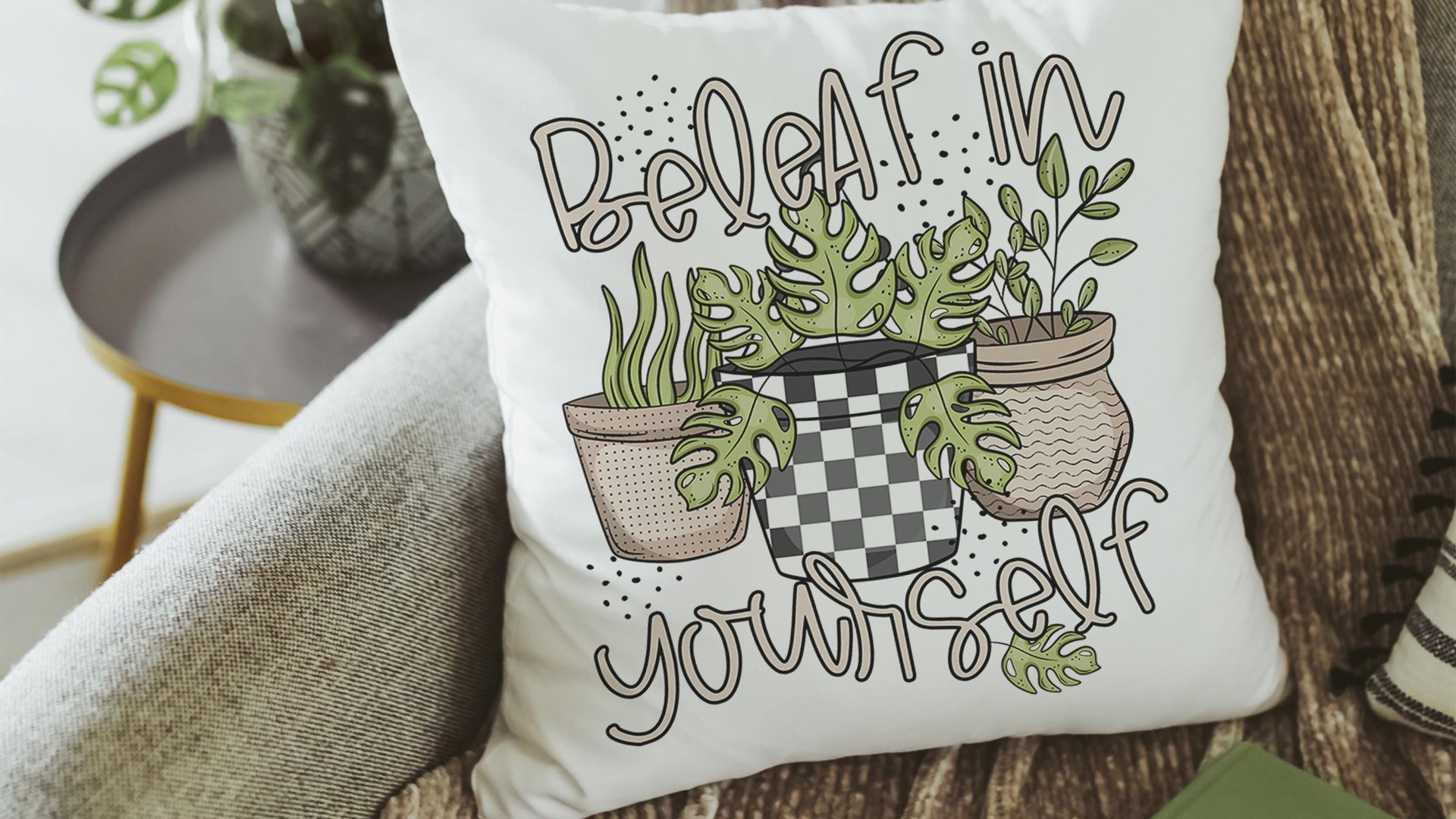beleaf in yourself inspirational throw pillows for couch funny plant lover gifts, monstera plant kitchen towel for women, plant mom gifts