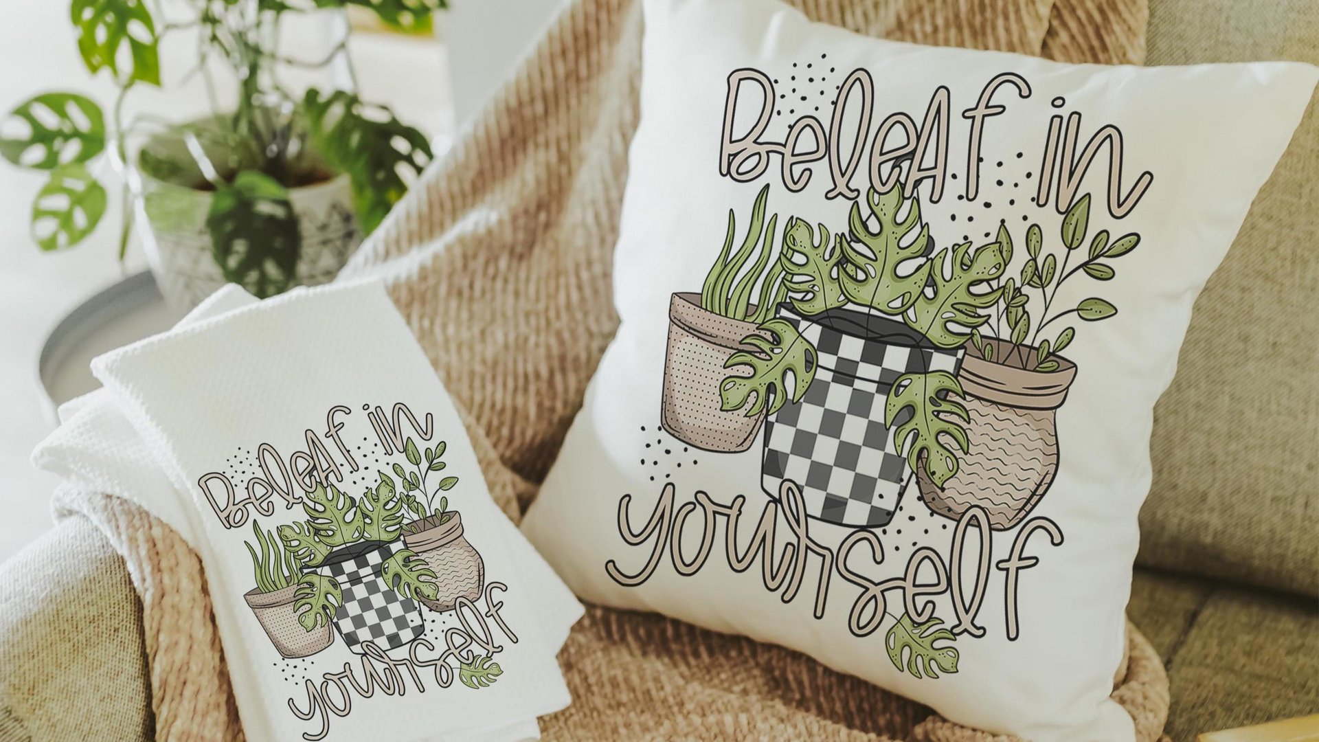 beleaf in yourself inspirational throw pillows for couch funny plant lover gifts, monstera plant kitchen towel for women, plant mom gifts