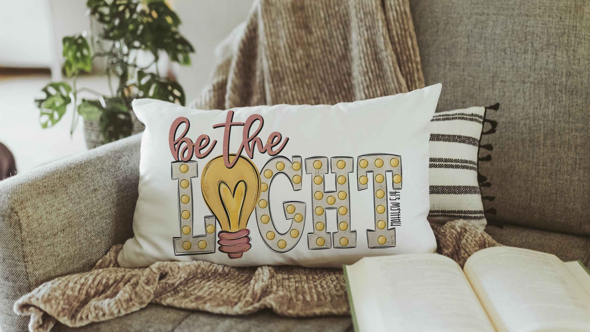 be the light inspirational Christian lumbar pillow covers 12 x 20, Matthew 5:14 Bible verse throw pillows for girls room, scripture gift for