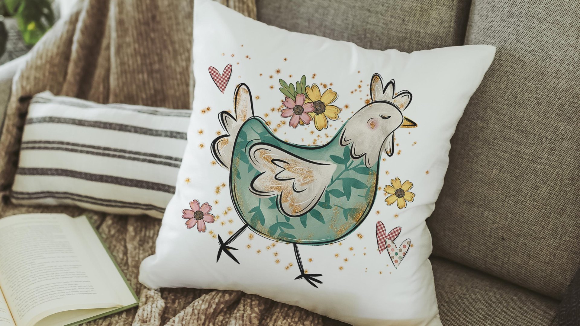 chicken mom floral throw pillow covers 18x18, cute chicken decor kitchen towels for gifts, Spring decor for home, crazy chicken lady gifts