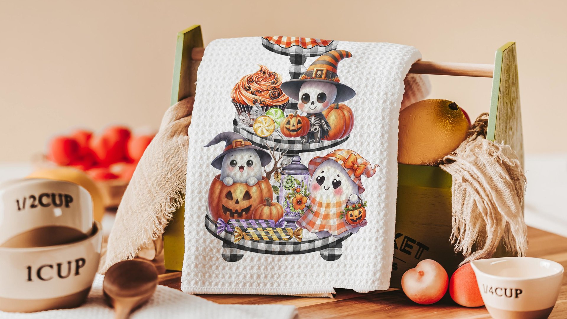 spooky cute ghost Halloween kitchen towels, whimsical fall host gift, boo basket stuffers for adults, not so scary Halloween fall style gift