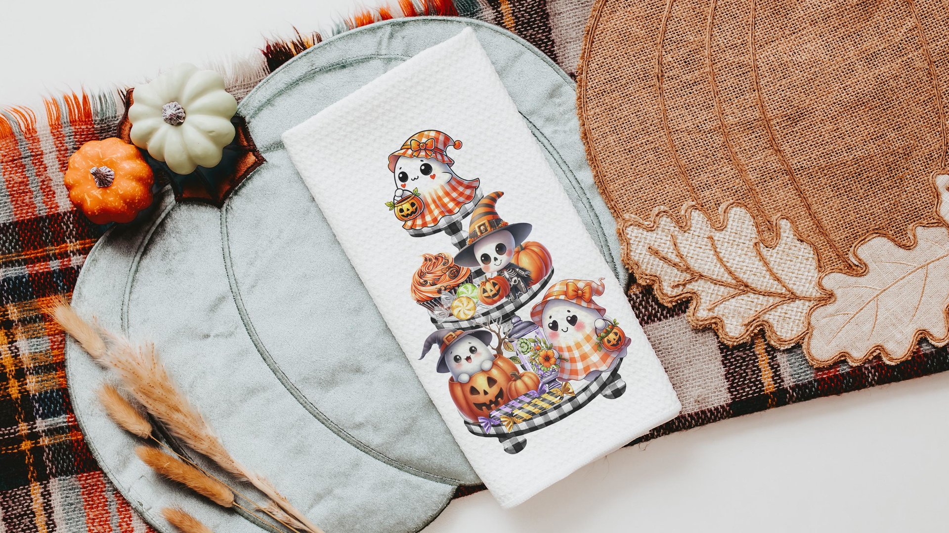 spooky cute ghost Halloween kitchen towels, whimsical fall host gift, boo basket stuffers for adults, not so scary Halloween fall style gift