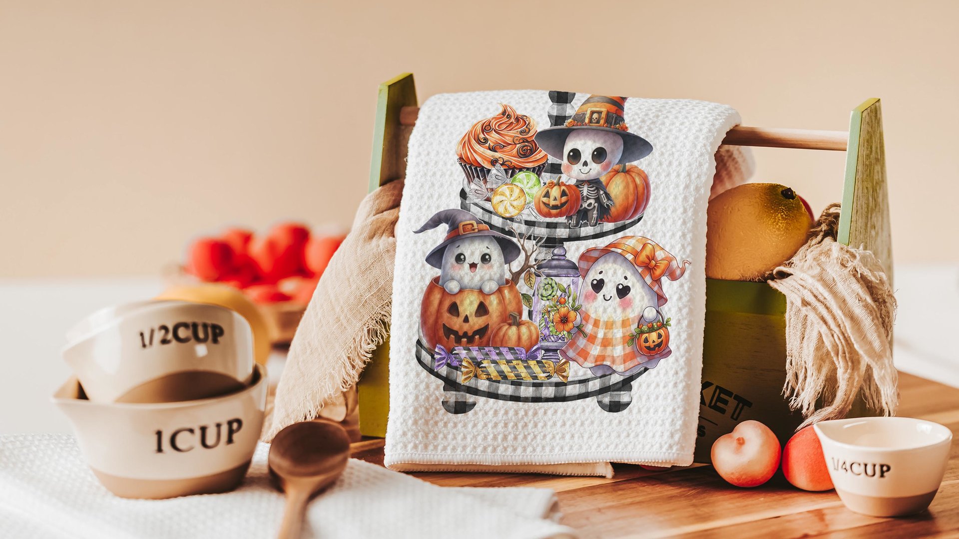 spooky cute ghost Halloween kitchen towels, whimsical fall host gift, boo basket stuffers for adults, not so scary Halloween fall style gift
