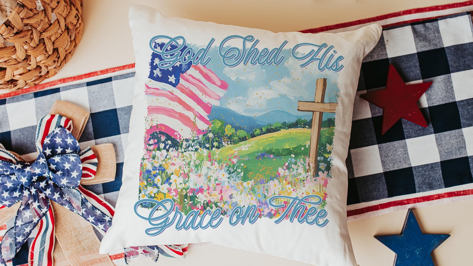 God shed His grace on thee throw pillows for porch swing, Christian 4th of July kitchen towels, America the Beautiful patriotic gifts for