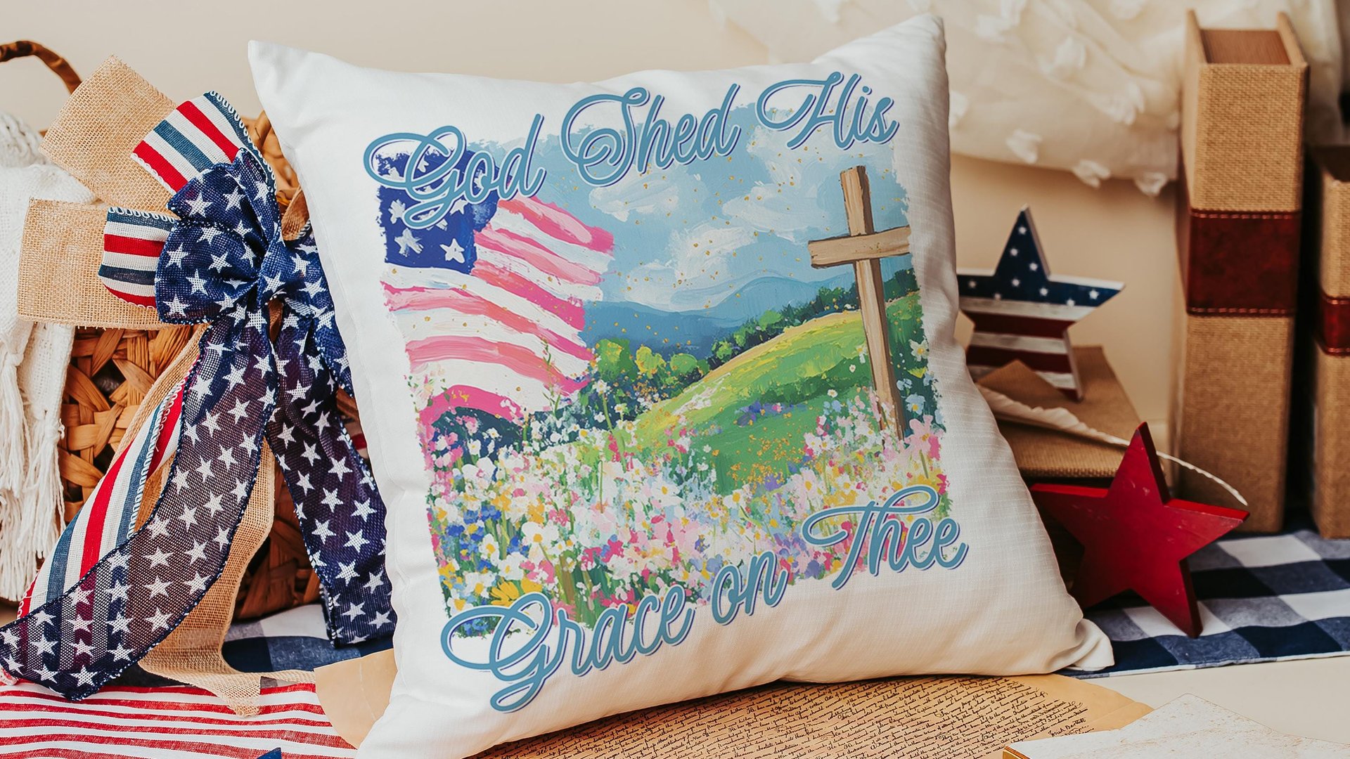 God shed His grace on thee throw pillows for porch swing, Christian 4th of July kitchen towels, America the Beautiful patriotic gifts for