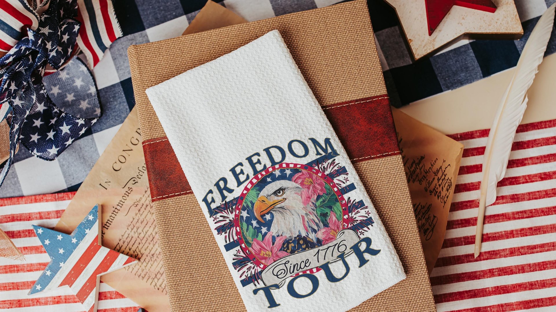 bald eagle freedom tour throw pillows for porch, Americana decor with pink floral 4th of July kitchen towels, patriotic gifts for women