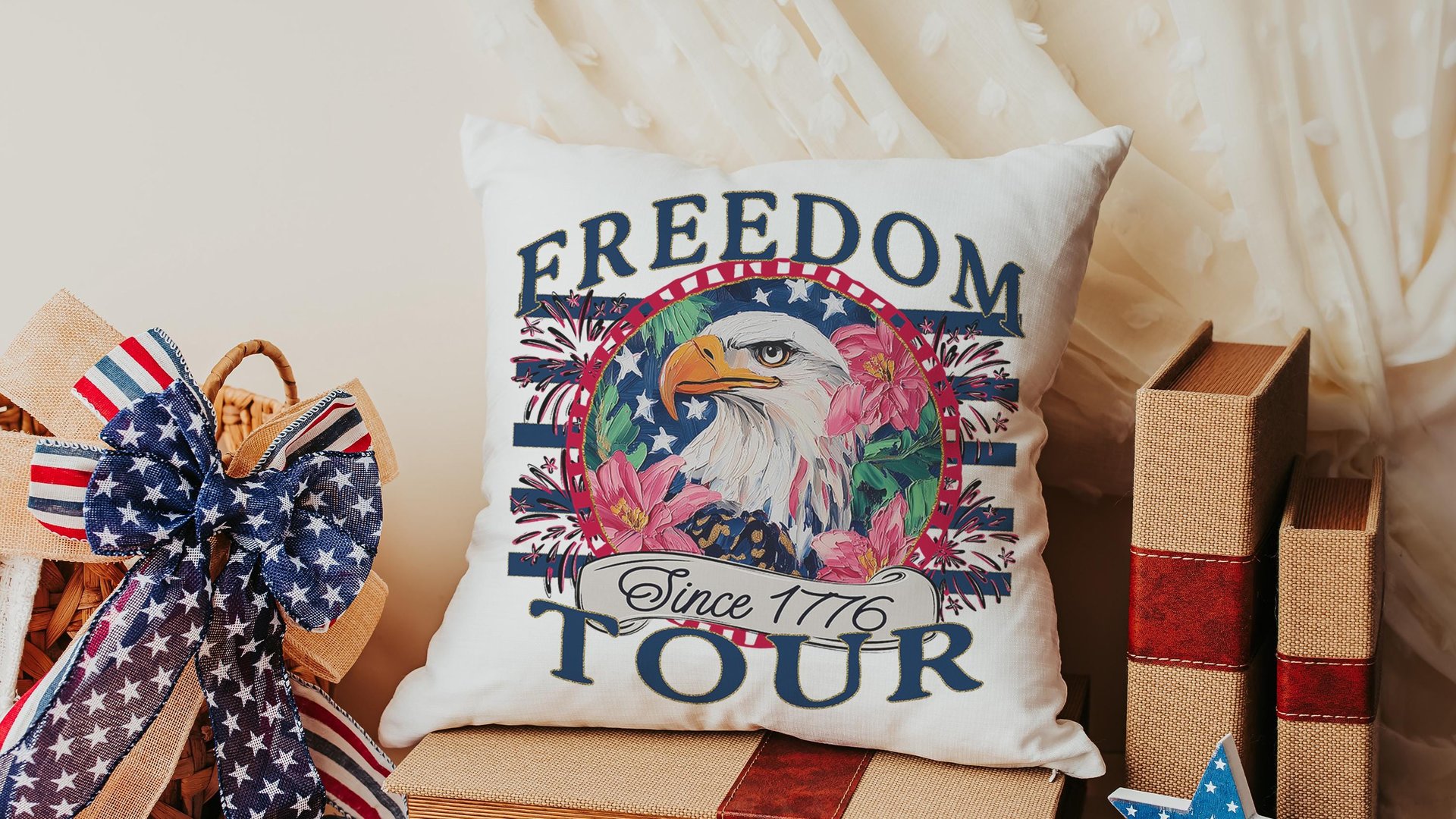 bald eagle freedom tour throw pillows for porch, Americana decor with pink floral 4th of July kitchen towels, patriotic gifts for women