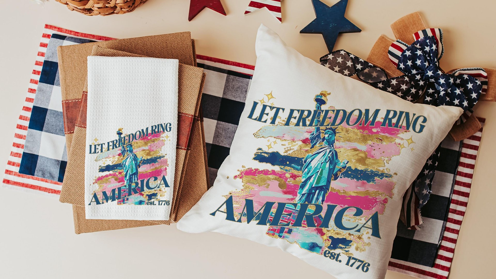 let freedom ring throw pillows for porch swing, Americana decor with pink 4th of July kitchen towels, military mom gifts, America est 1776