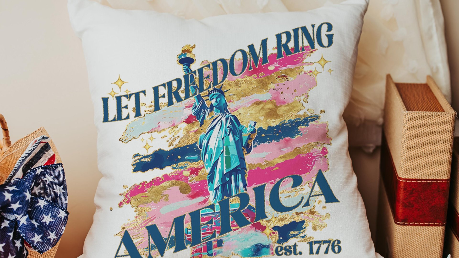 let freedom ring throw pillows for porch swing, Americana decor with pink 4th of July kitchen towels, military mom gifts, America est 1776