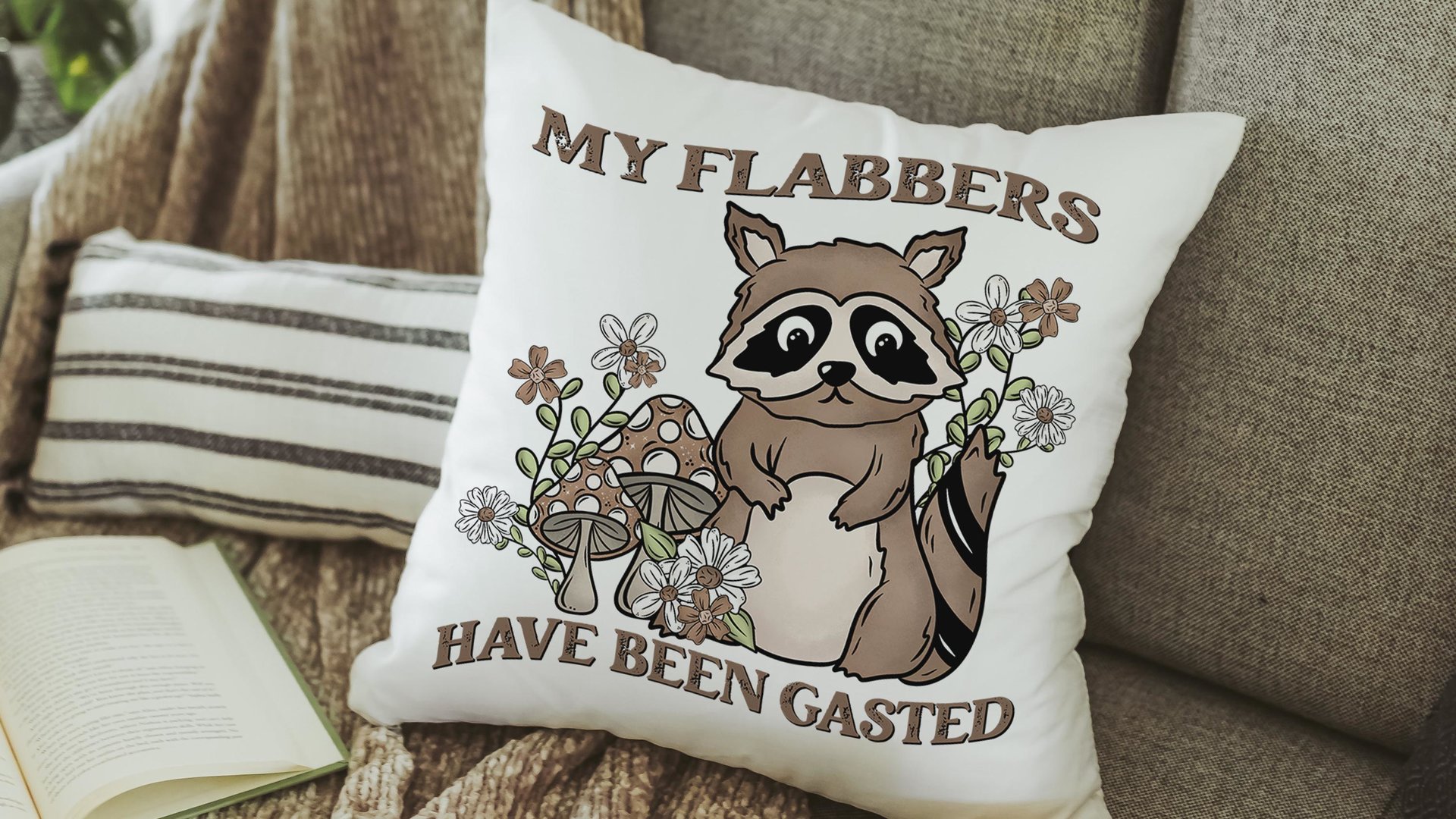 my flabbers have been gasted funny throw pillows for couch, cute but feral raccoon gift for women, college dorm decor for girls, snarky