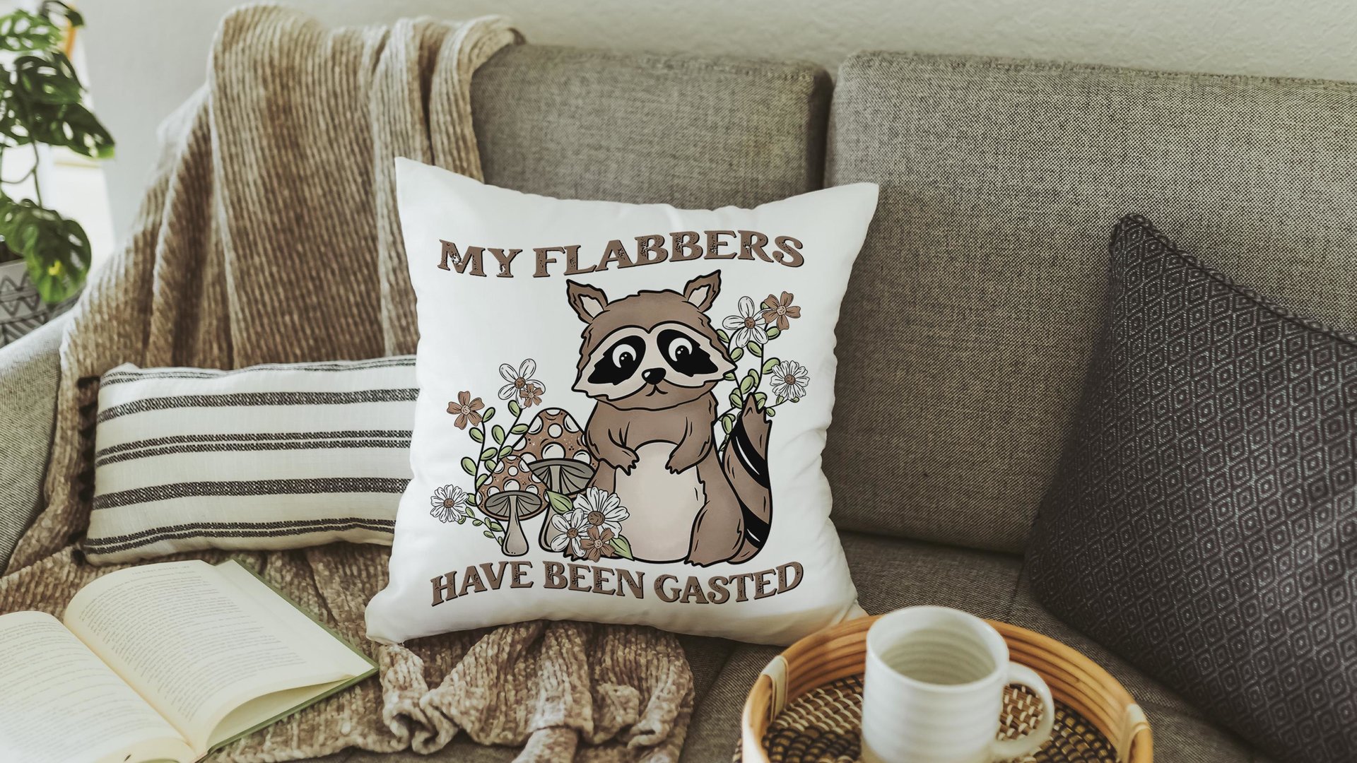 my flabbers have been gasted funny throw pillows for couch, cute but feral raccoon gift for women, college dorm decor for girls, snarky