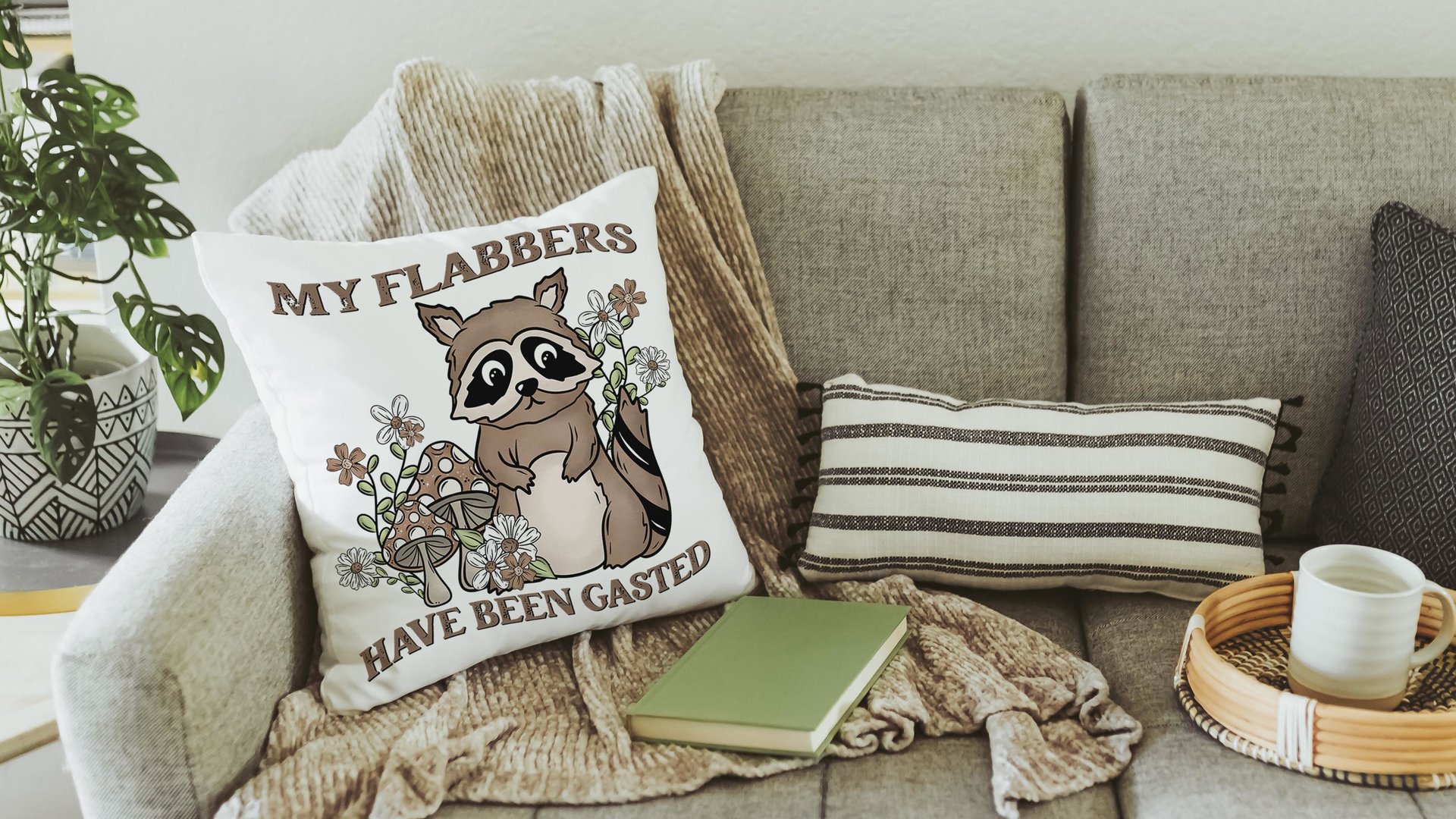 my flabbers have been gasted funny throw pillows for couch, cute but feral raccoon gift for women, college dorm decor for girls, snarky