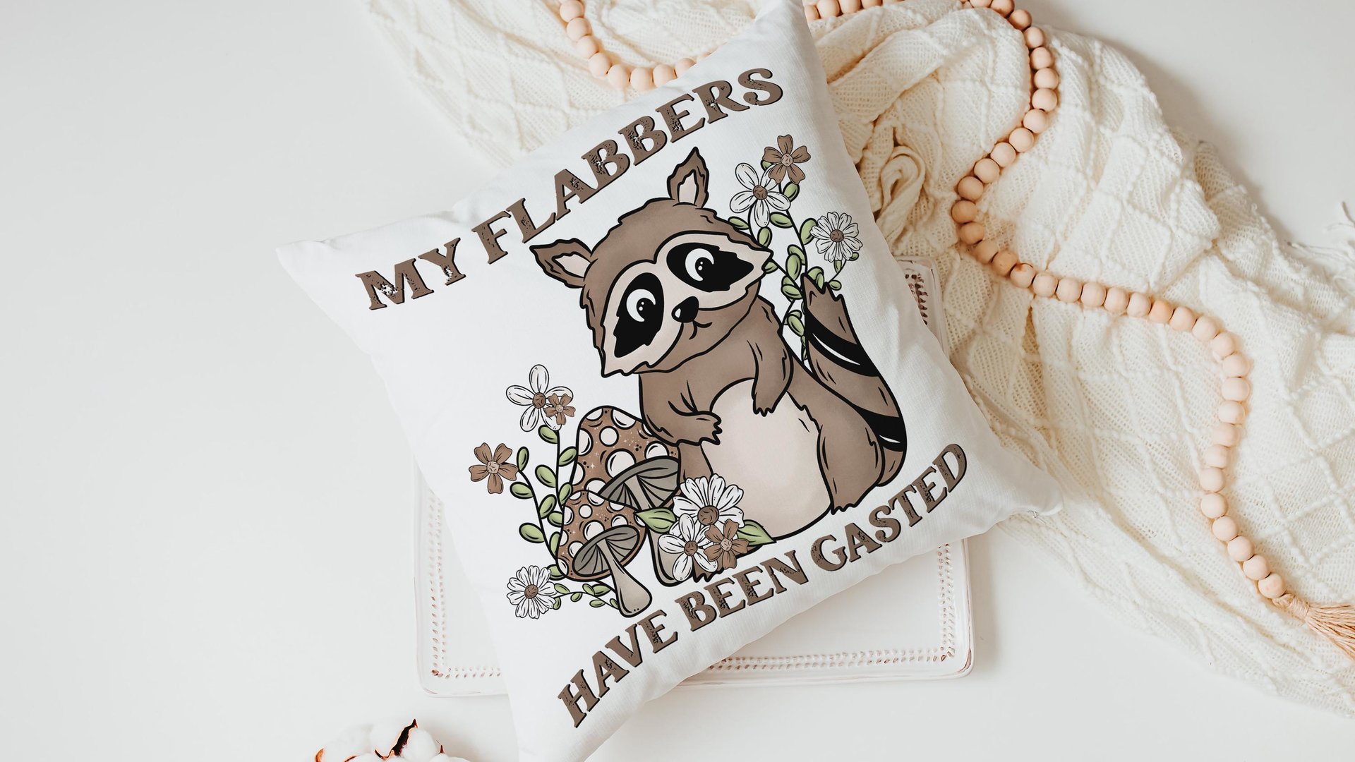 my flabbers have been gasted funny throw pillows for couch, cute but feral raccoon gift for women, college dorm decor for girls, snarky