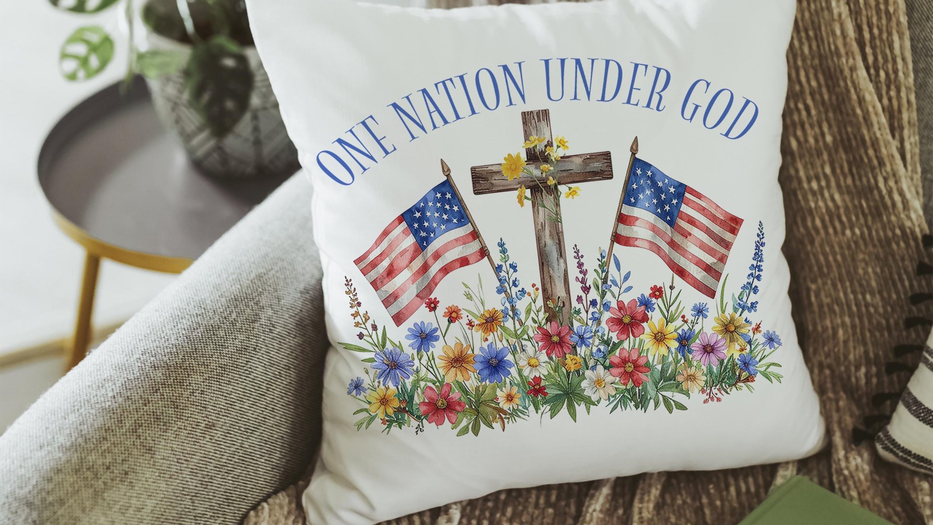 one nation under God American flag decorative pillows for couch, 4th of July wildflower throw pillow home decor, patriotic gifts for women