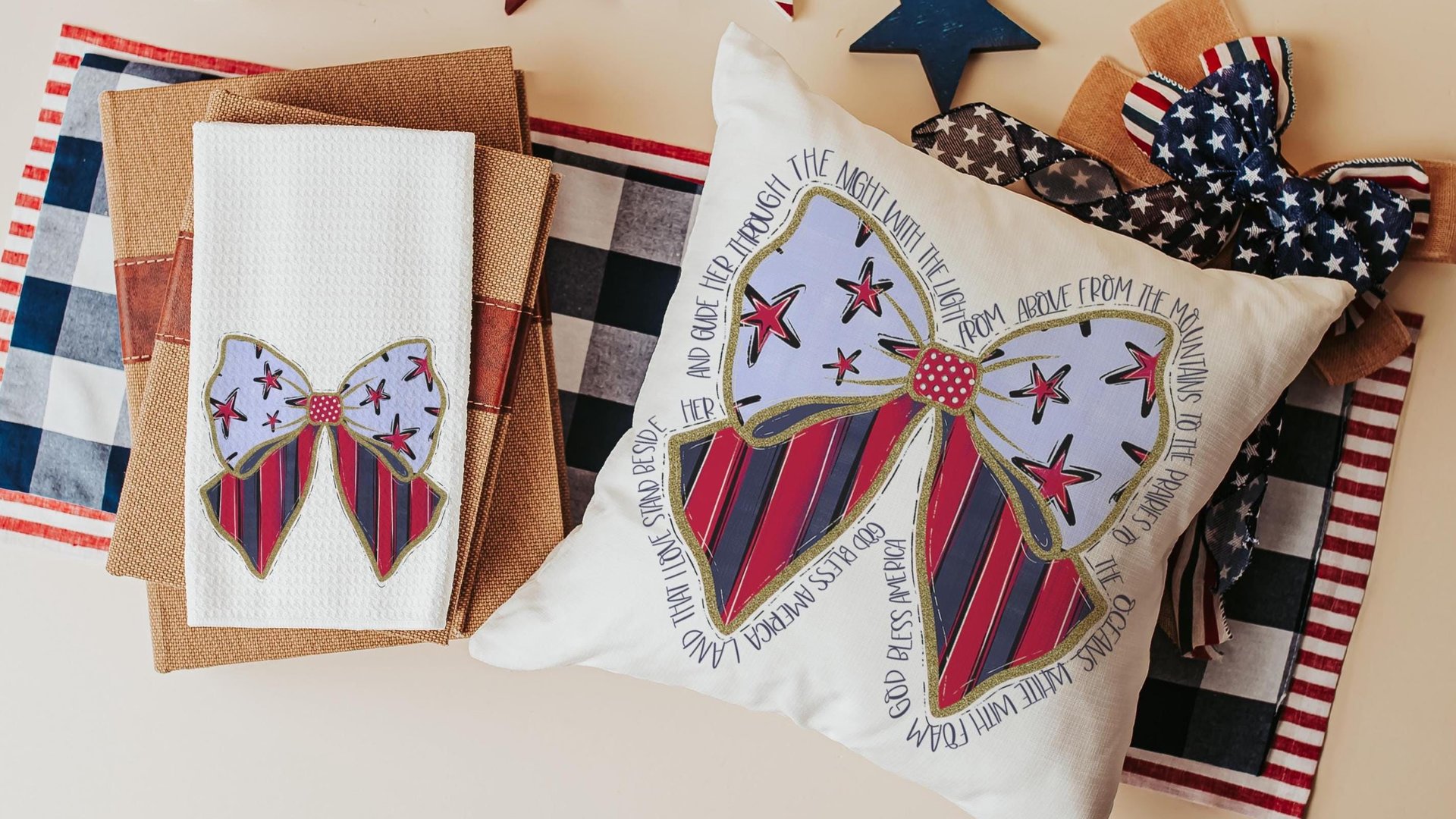 stars and stripes coquette kitchen towel for mom, God bless America 4th of July throw pillows for porch swing, patriotic gifts for women