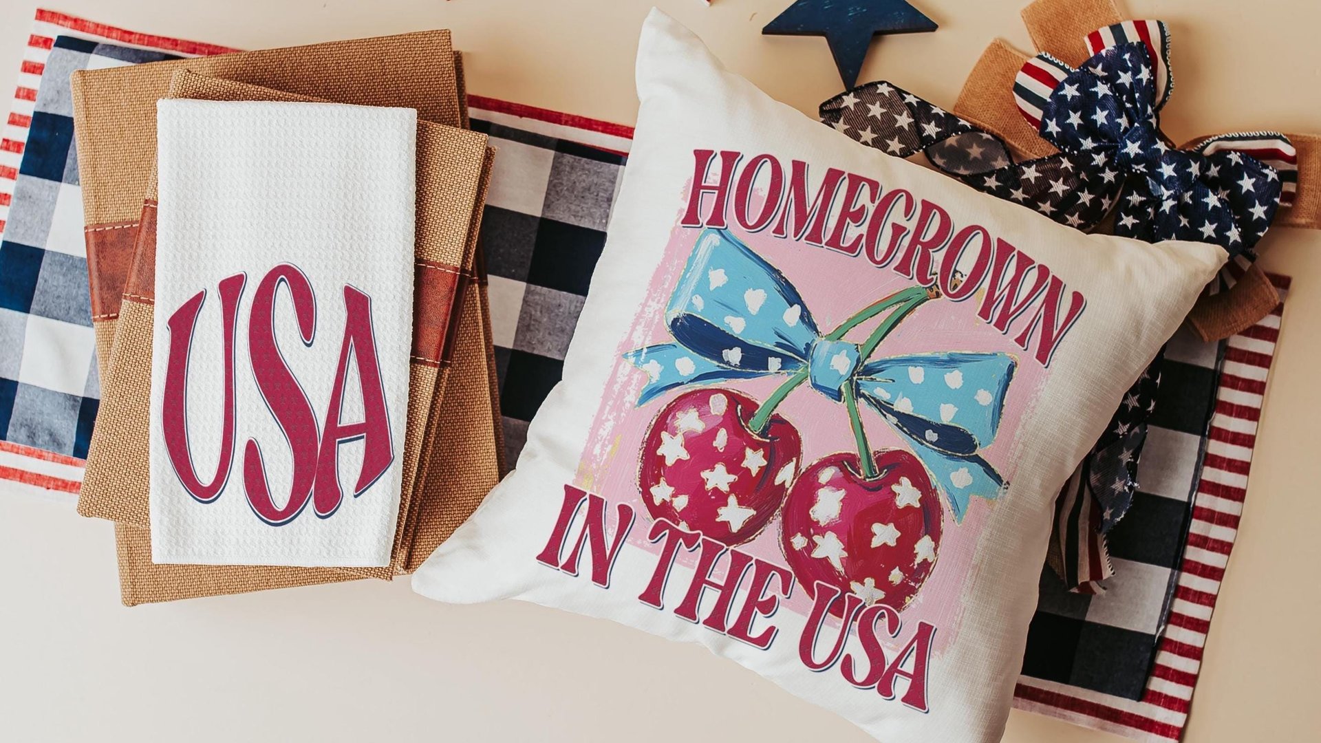 home grown cherry vibes throw pillows for porch swing, USA kitchen towel for Mom, 4th of July Americana pillow covers 18x18, patriotic gifts