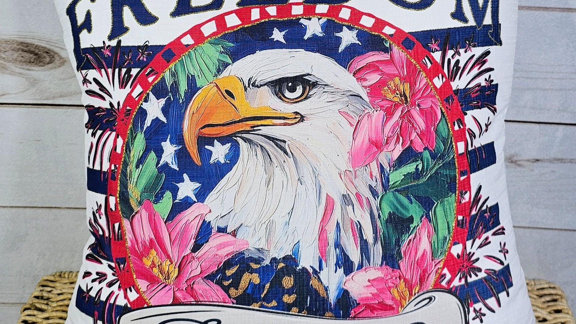 bald eagle freedom tour throw pillows for porch, Americana decor with pink floral 4th of July kitchen towels, patriotic gifts for women