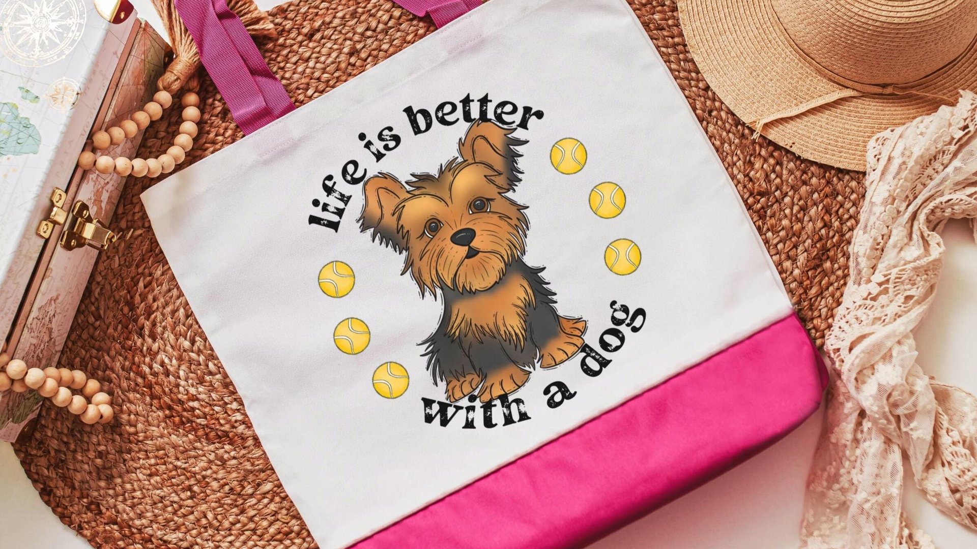 life is better with dogs Yorkshire terrier tote bag for women, cute Mothers day gifts from dog lover tote bag for books, Yorkie gifts, best