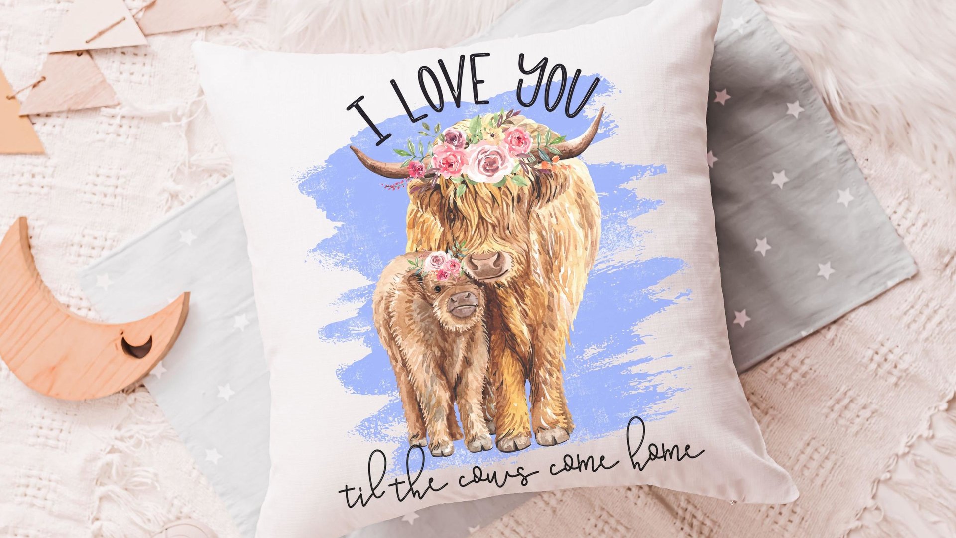 i love you till the cows come home highland cow throw pillow for nursery, cow nursery decor, shaggy cow gifts for cow lovers, rocking chair