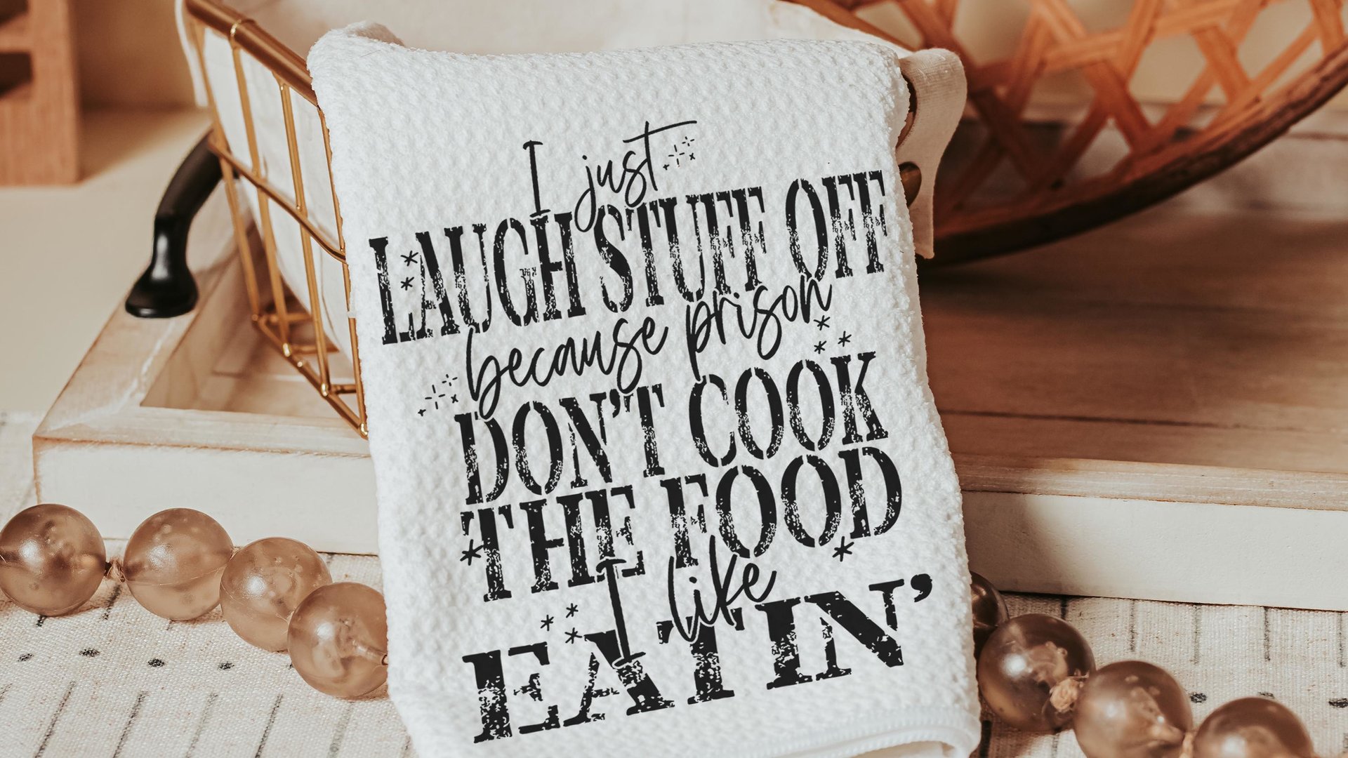 I can't go to prison sarcastic kitchen towels, cooking gifts for women, bestie birthday gifts for her, funny kitchen decor, snarky gifts for