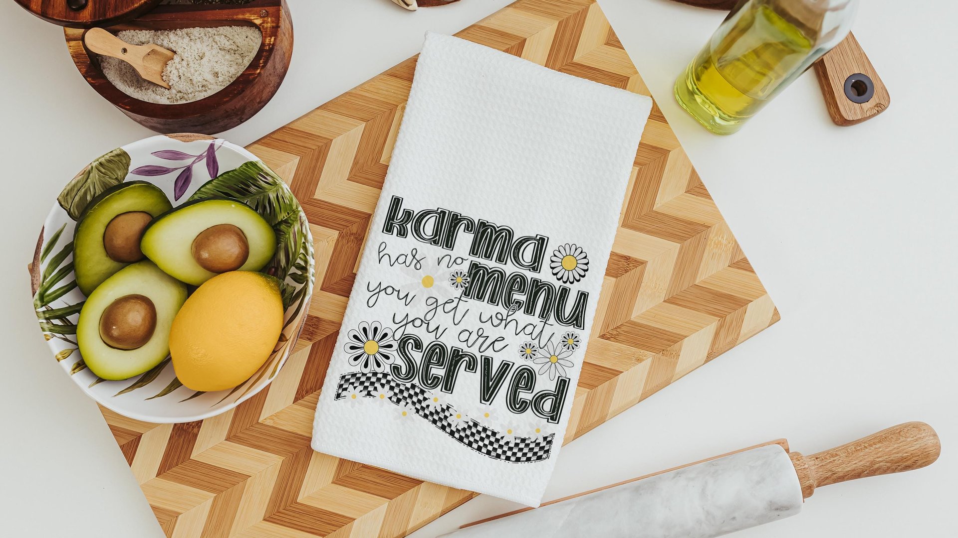 karma you get what get funny kitchen towel, sarcastic gifts for women, snarky kitchen decor, bestie birthday gifts for her, sassy home decor