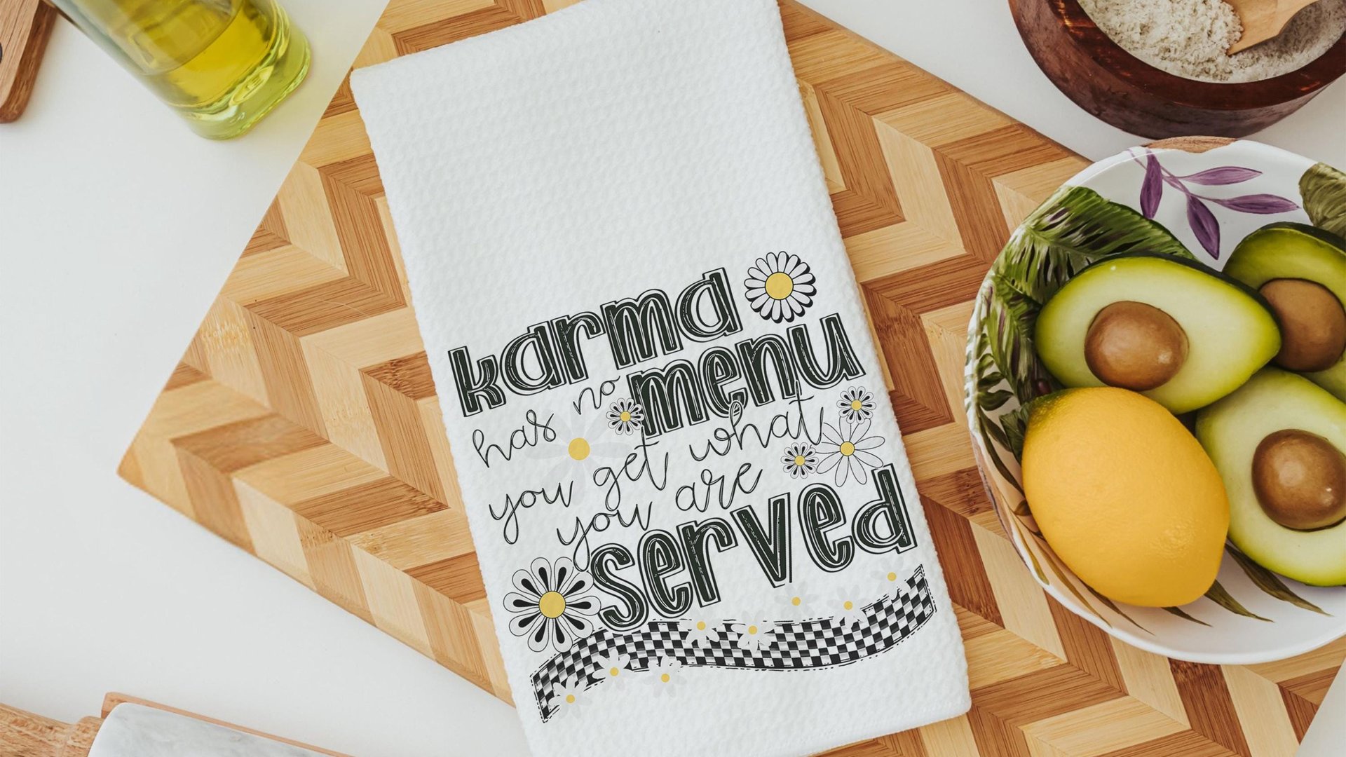 karma you get what get funny kitchen towel, sarcastic gifts for women, snarky kitchen decor, bestie birthday gifts for her, sassy home decor