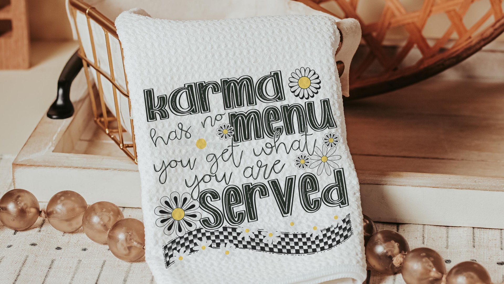 karma you get what get funny kitchen towel, sarcastic gifts for women, snarky kitchen decor, bestie birthday gifts for her, sassy home decor