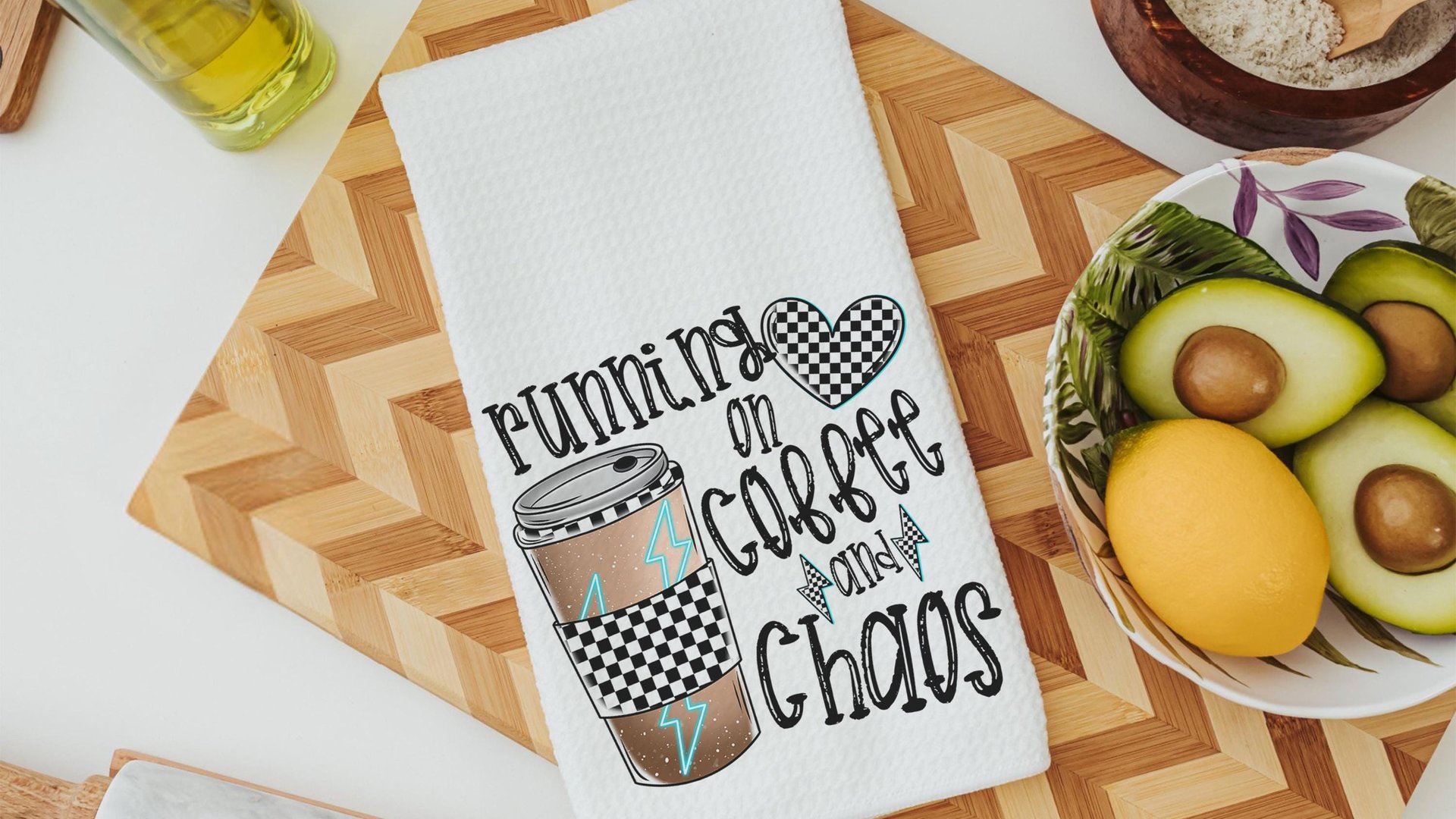 running on coffee and chaos funny kitchen towels for women, coffee lover gift for girlfriend, coffee bar accessories, coffee kitchen decor
