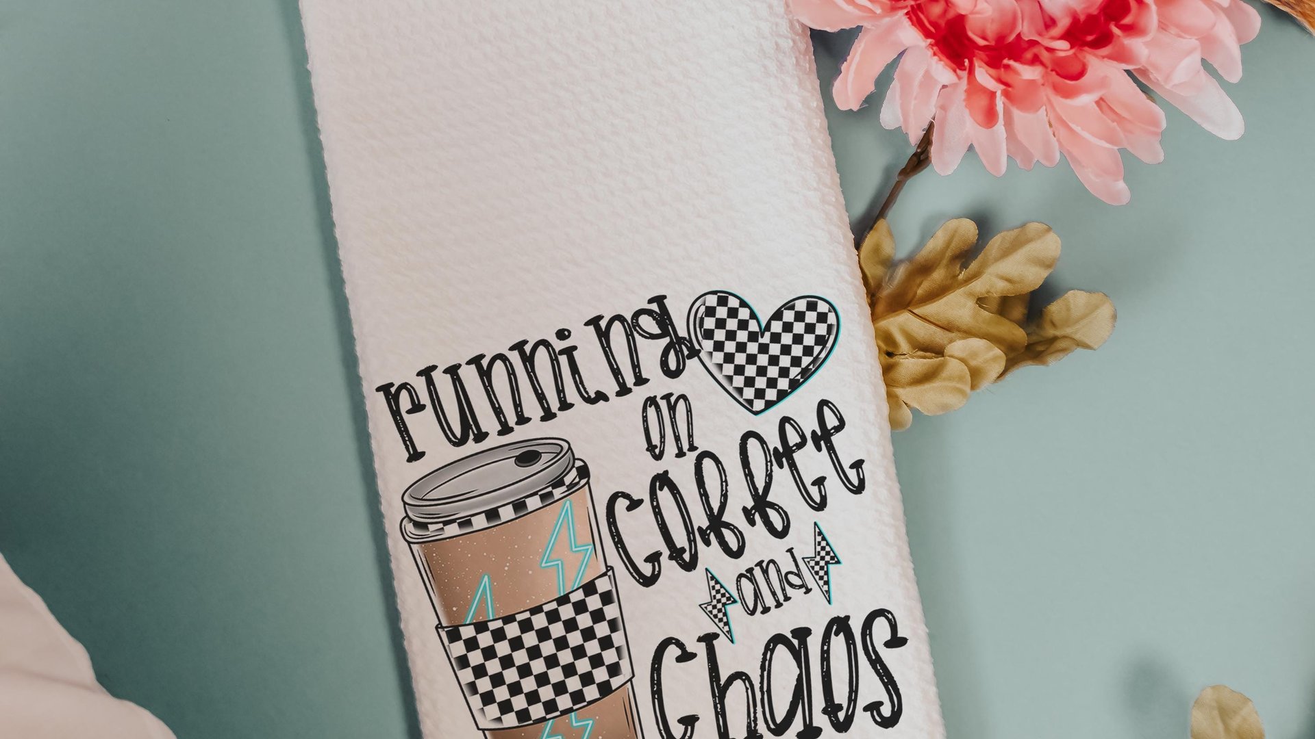 running on coffee and chaos funny kitchen towels for women, coffee lover gift for girlfriend, coffee bar accessories, coffee kitchen decor