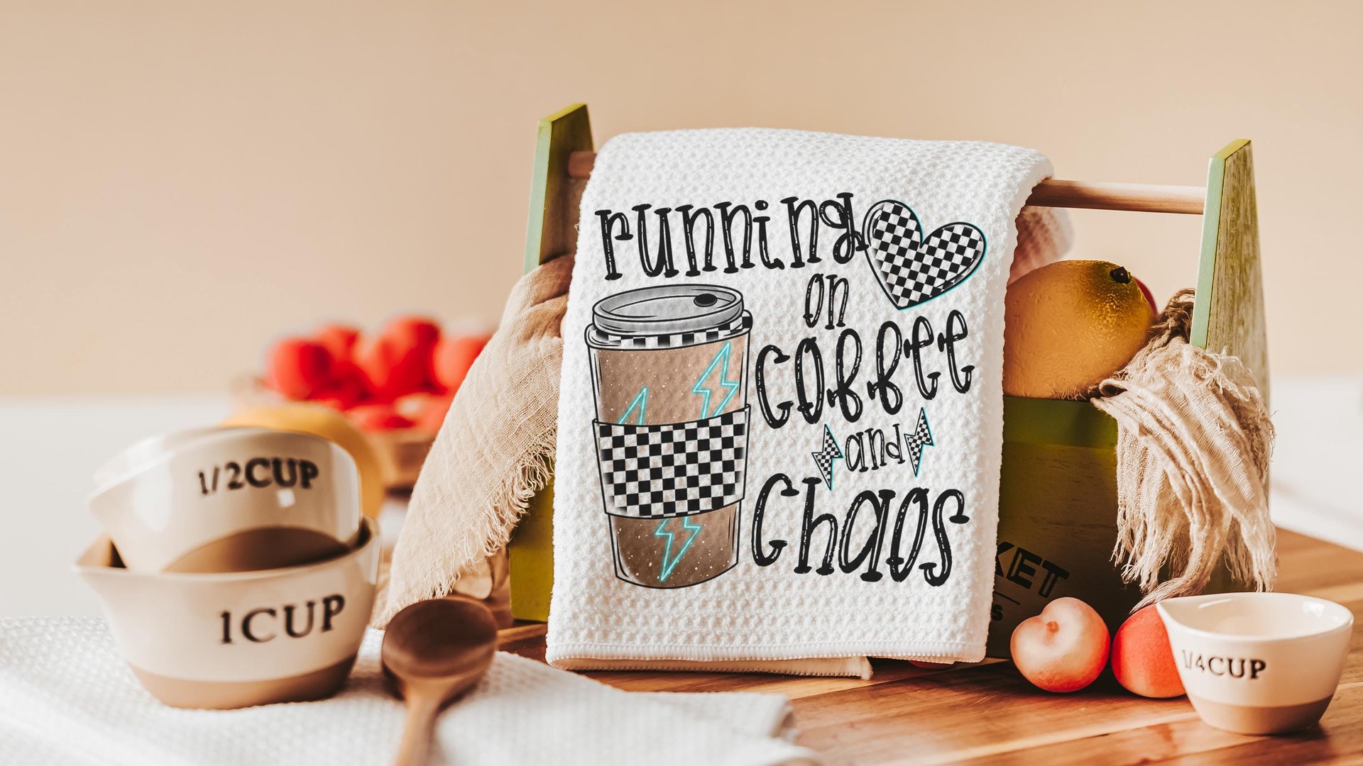 running on coffee and chaos funny kitchen towels for women, coffee lover gift for girlfriend, coffee bar accessories, coffee kitchen decor