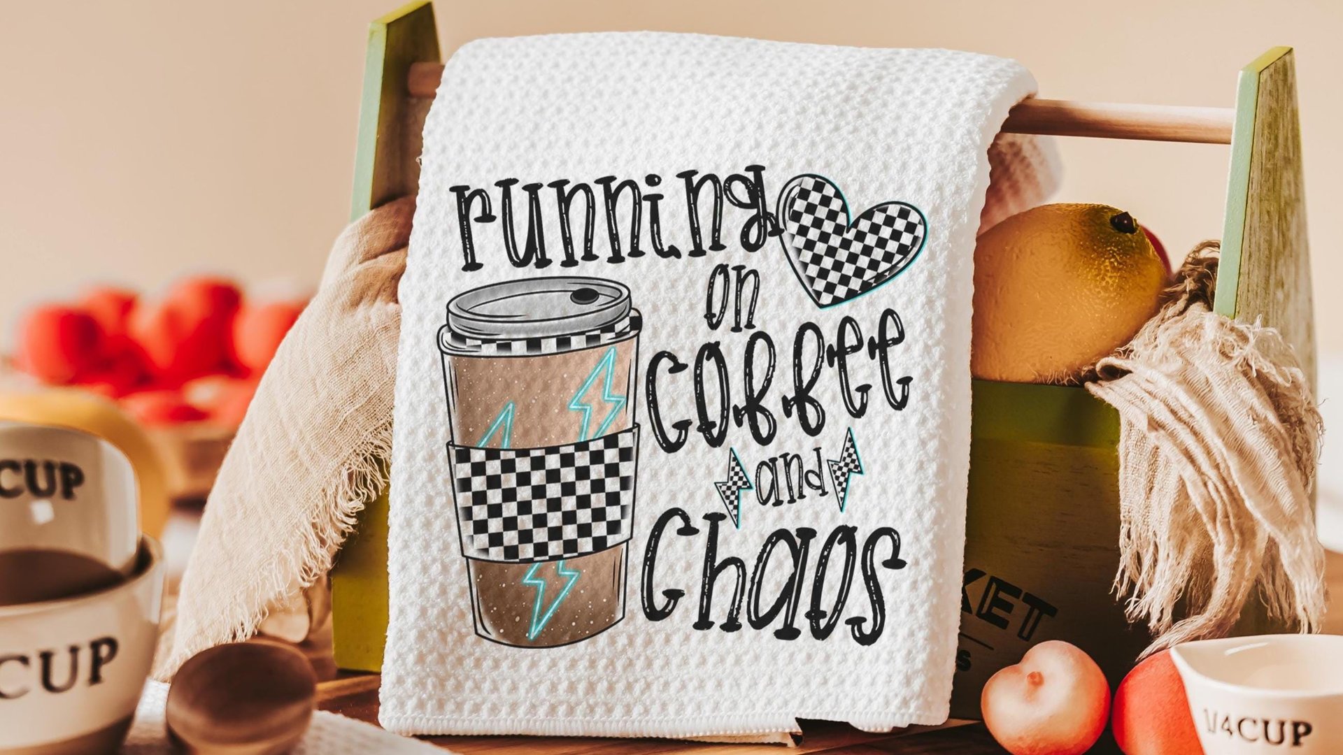 running on coffee and chaos funny kitchen towels for women, coffee lover gift for girlfriend, coffee bar accessories, coffee kitchen decor