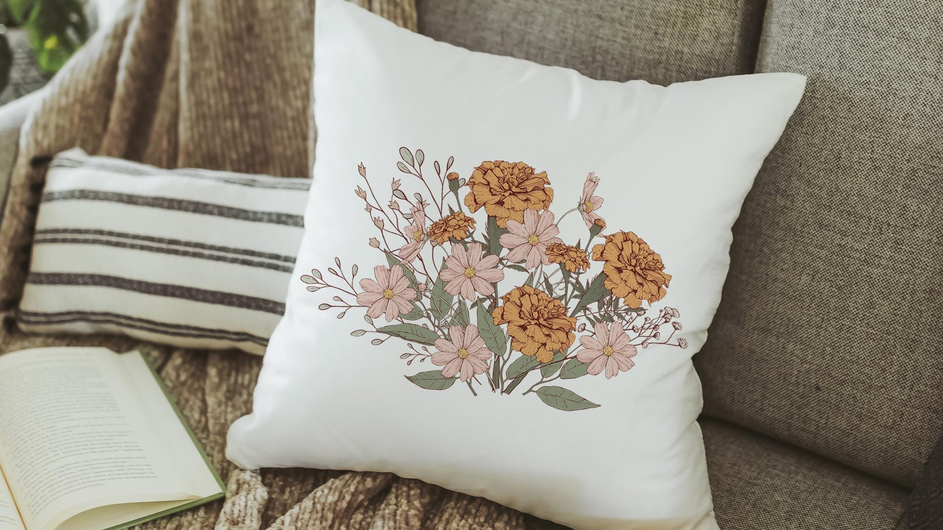 blush pink cosmos & orange marigold throw pillow for bed, October birthday kitchen towels, October birth month flower gifts for her, best