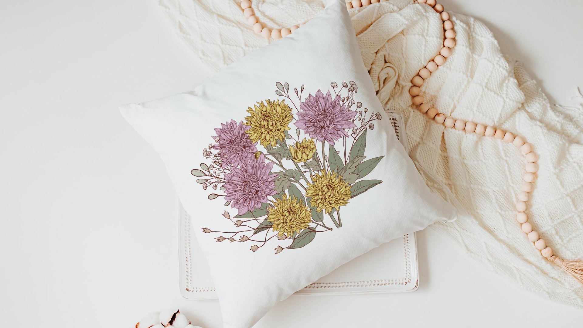 yellow mums flower throw pillow for bed, November birthday kitchen towels, November birth month flower gifts for her, purple chrysanthemum