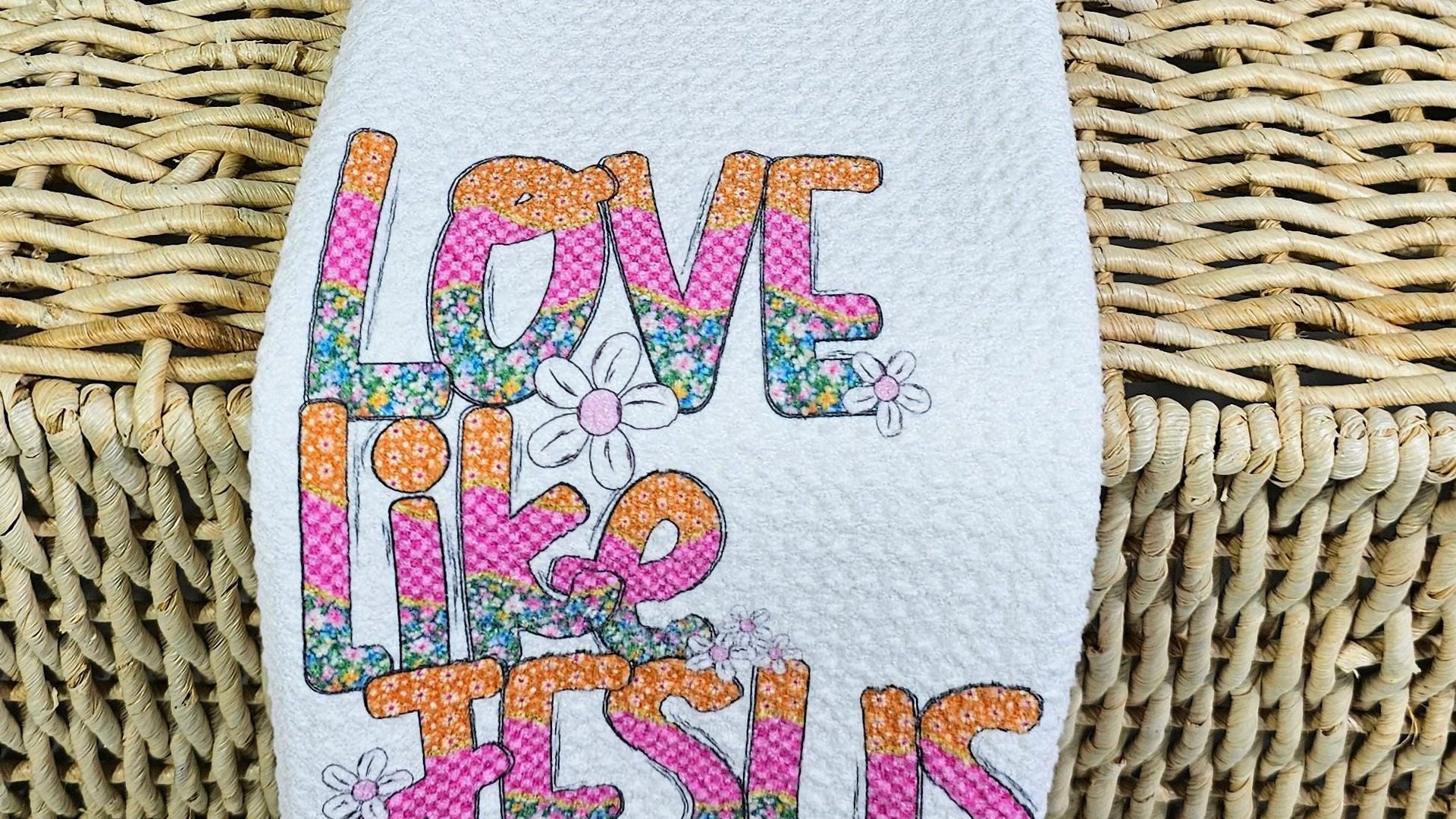 love like Jesus whimsical Christian kitchen towels, cute Christian gifts for sisters, pink checkered floral kitchen decor, faith kitchen