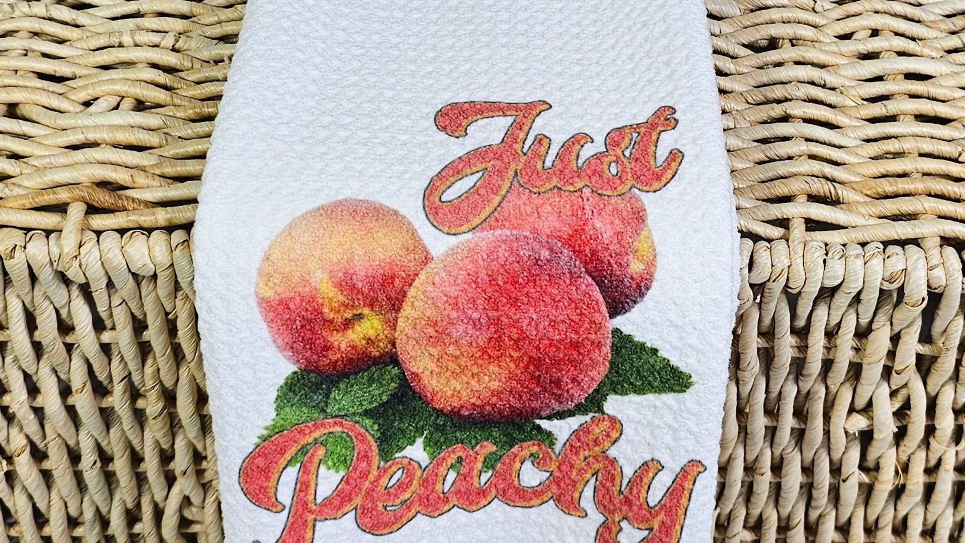 just peachy kitchen towels, Southern home decor, peachy keen kitchen hand towels, peach kitchen decor, Georgia gifts cute housewarming gifts