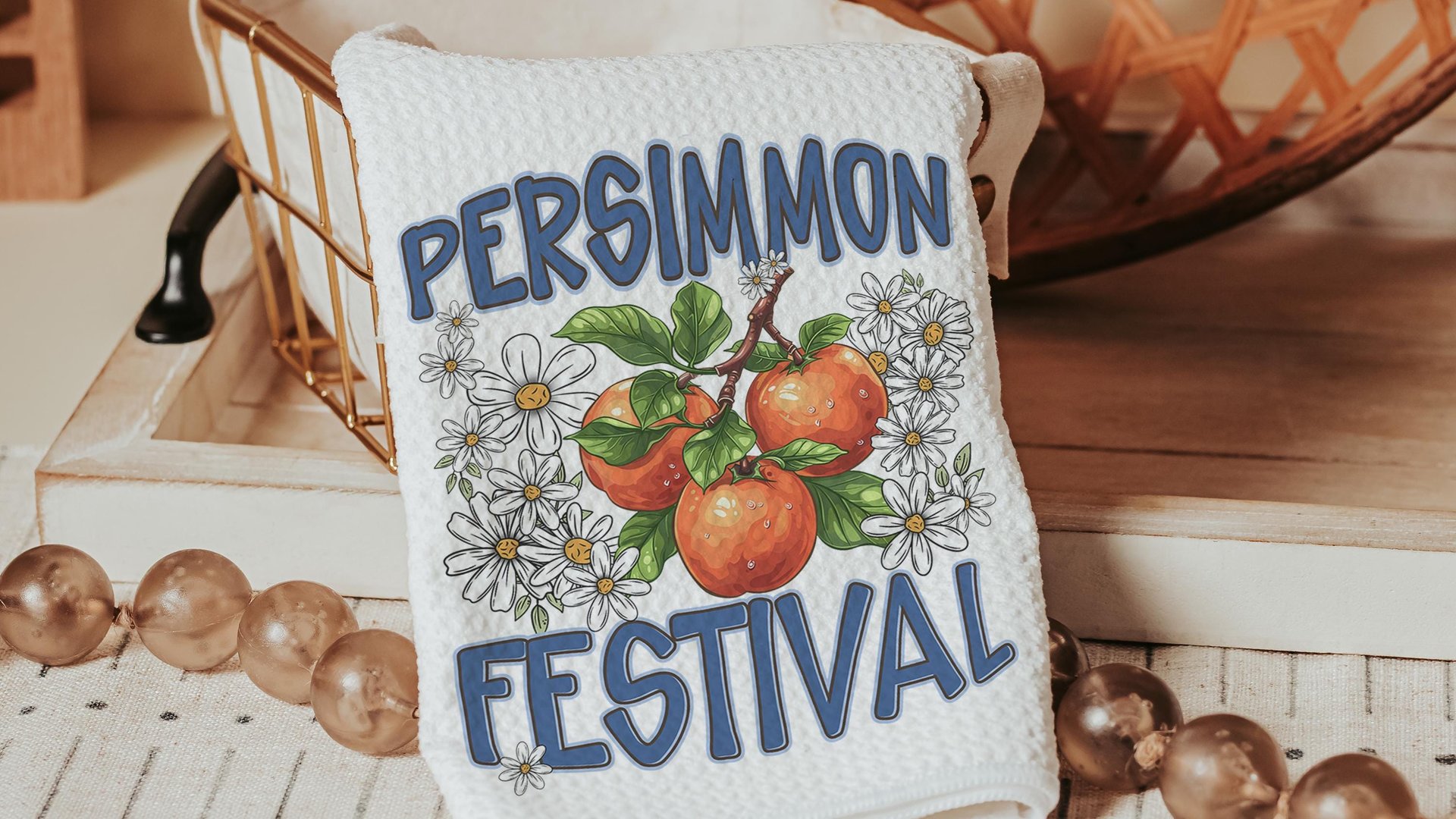 persimmon festival fruit kitchen towels for summer hand towels for bathroom, persimmon decor, Indiana gifts, persimmon botanical kitchen