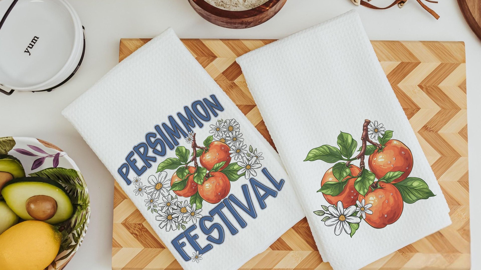 persimmon festival fruit kitchen towels for summer hand towels for bathroom, persimmon decor, Indiana gifts, persimmon botanical kitchen