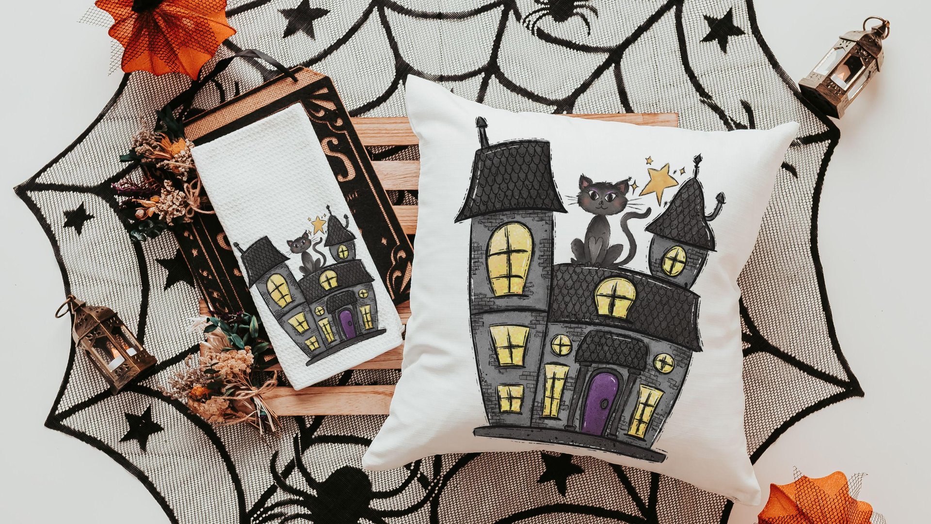 haunted house spooky cute Halloween throw pillows for sectional, whimsigoth decor, whimsical Halloween gift set for women, witchy gifts for