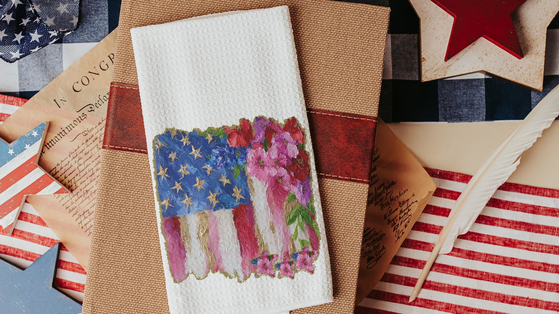 watercolor American flag throw pillow for porch swing, floral kitchen towels, 4th of July decor patriotic gifts for women, military wife