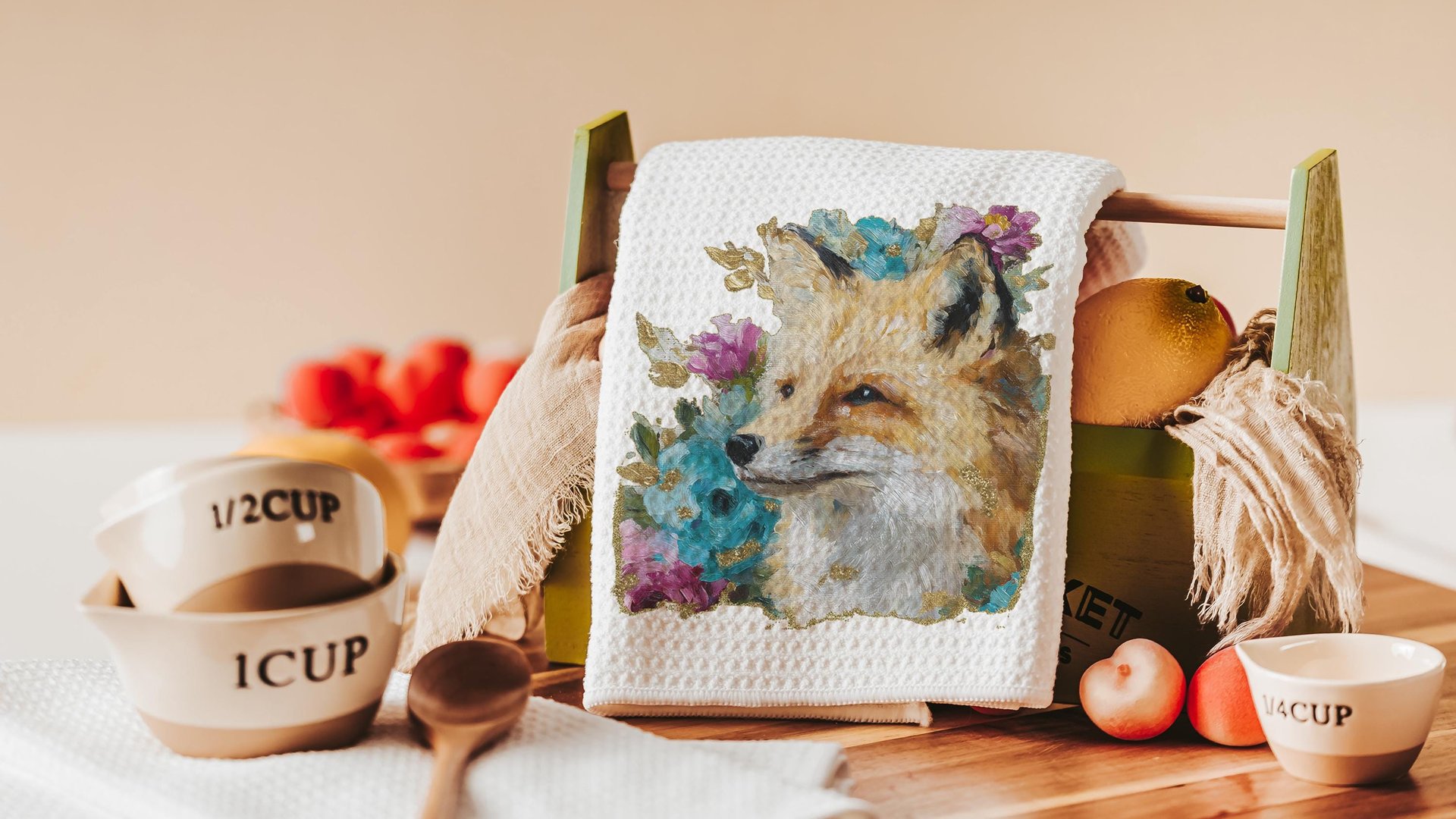 watercolor fox throw pillow for dorm, floral fox kitchen towels, college apartment decor, fox gifts for women, college gifts for girls, best