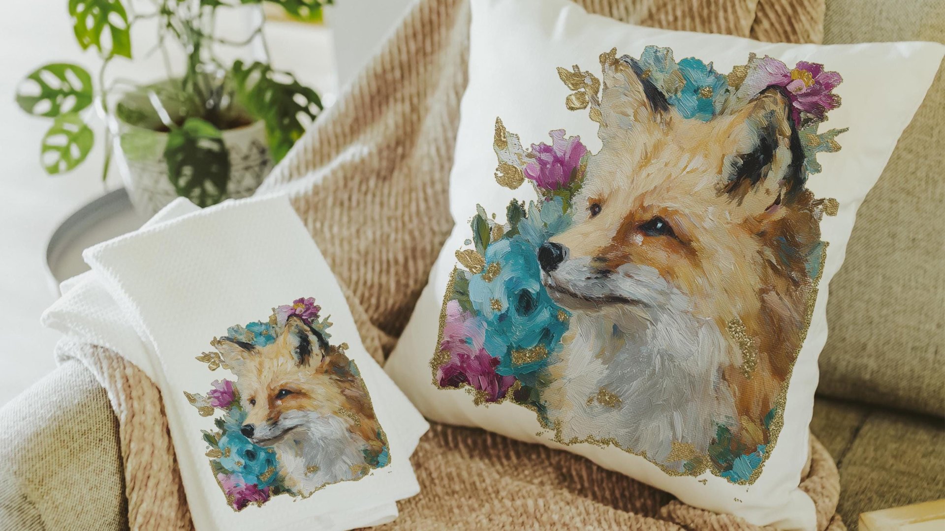 watercolor fox throw pillow for dorm, floral fox kitchen towels, college apartment decor, fox gifts for women, college gifts for girls, best