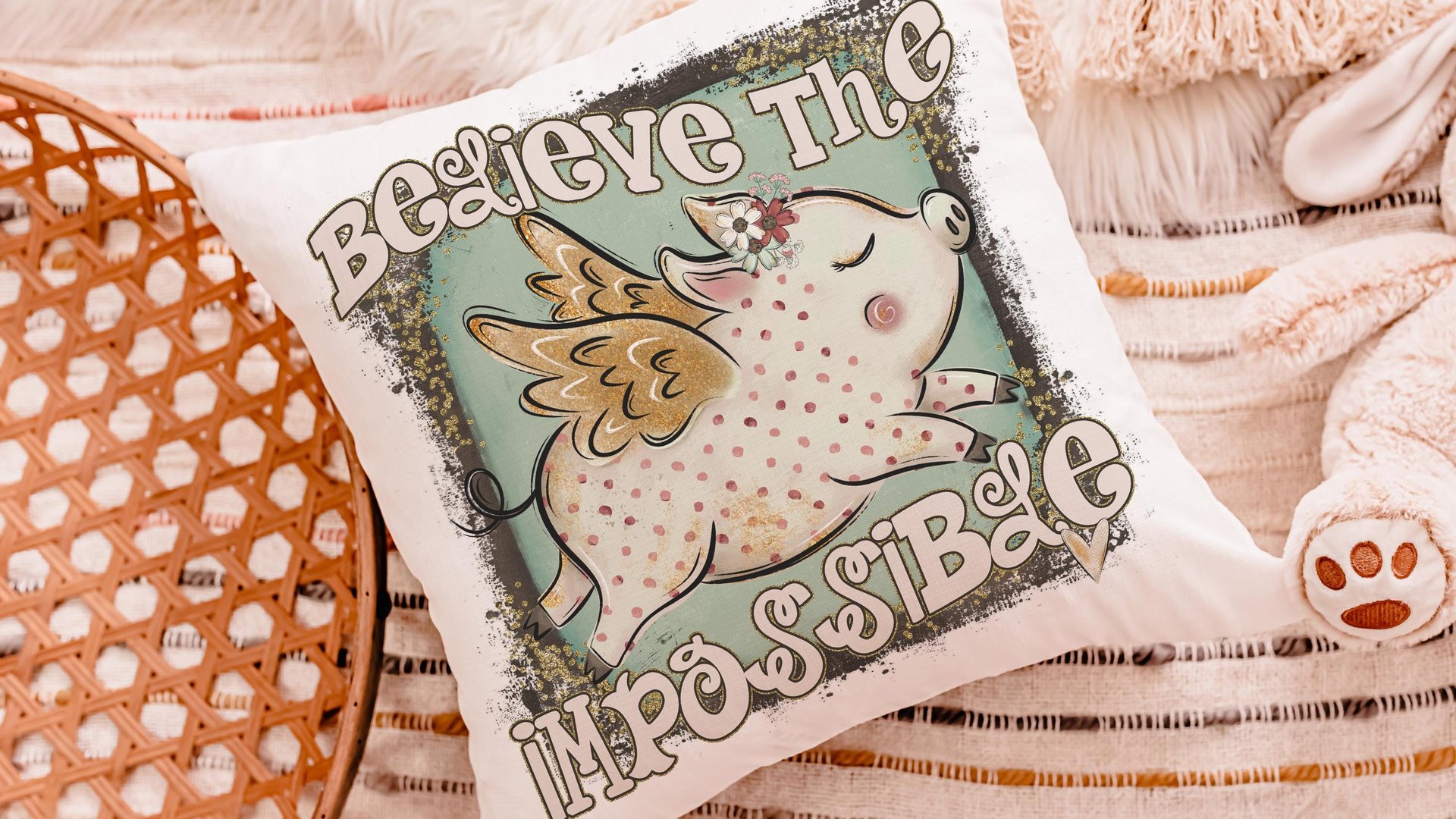 flying pig throw pillows for kids, believe the impossible inspirational gifts for girls, encouraging classroom decor, cute pig gifts for her