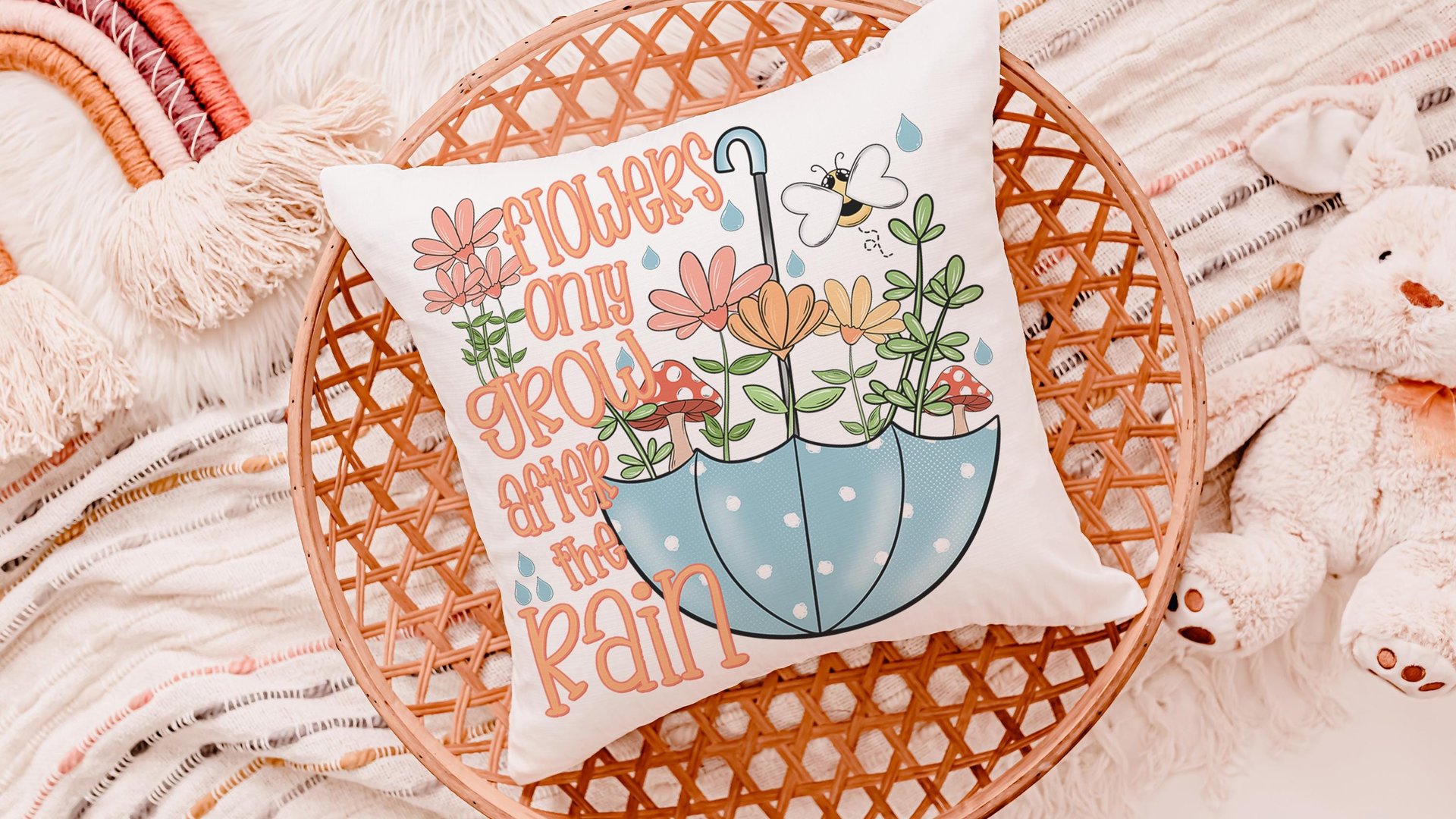 after the rain inspirational decorative pillows for girls, reading nook decor, floral throw pillow covers 18 x 18, wildflower nursery decor